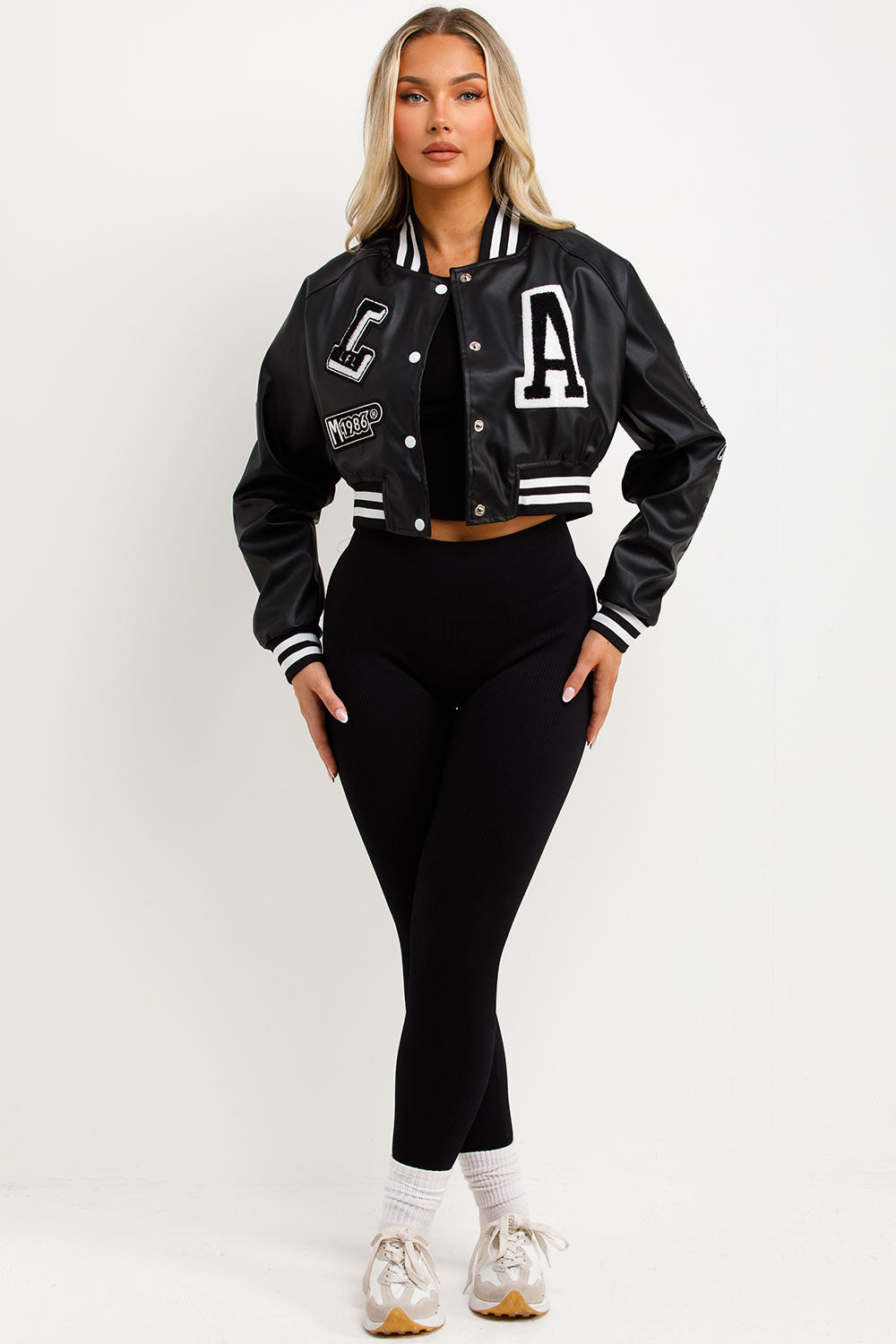 womens crop faux leather bomber jacket