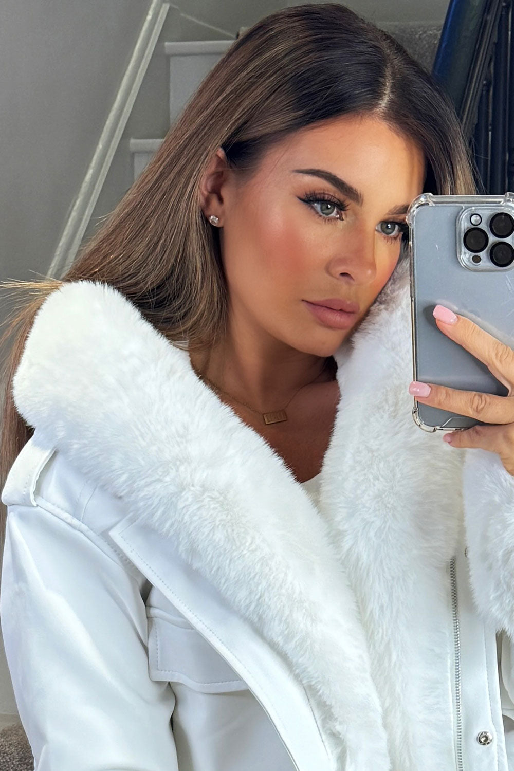 faux fur hood faux leather bomber jacket with fur cuff