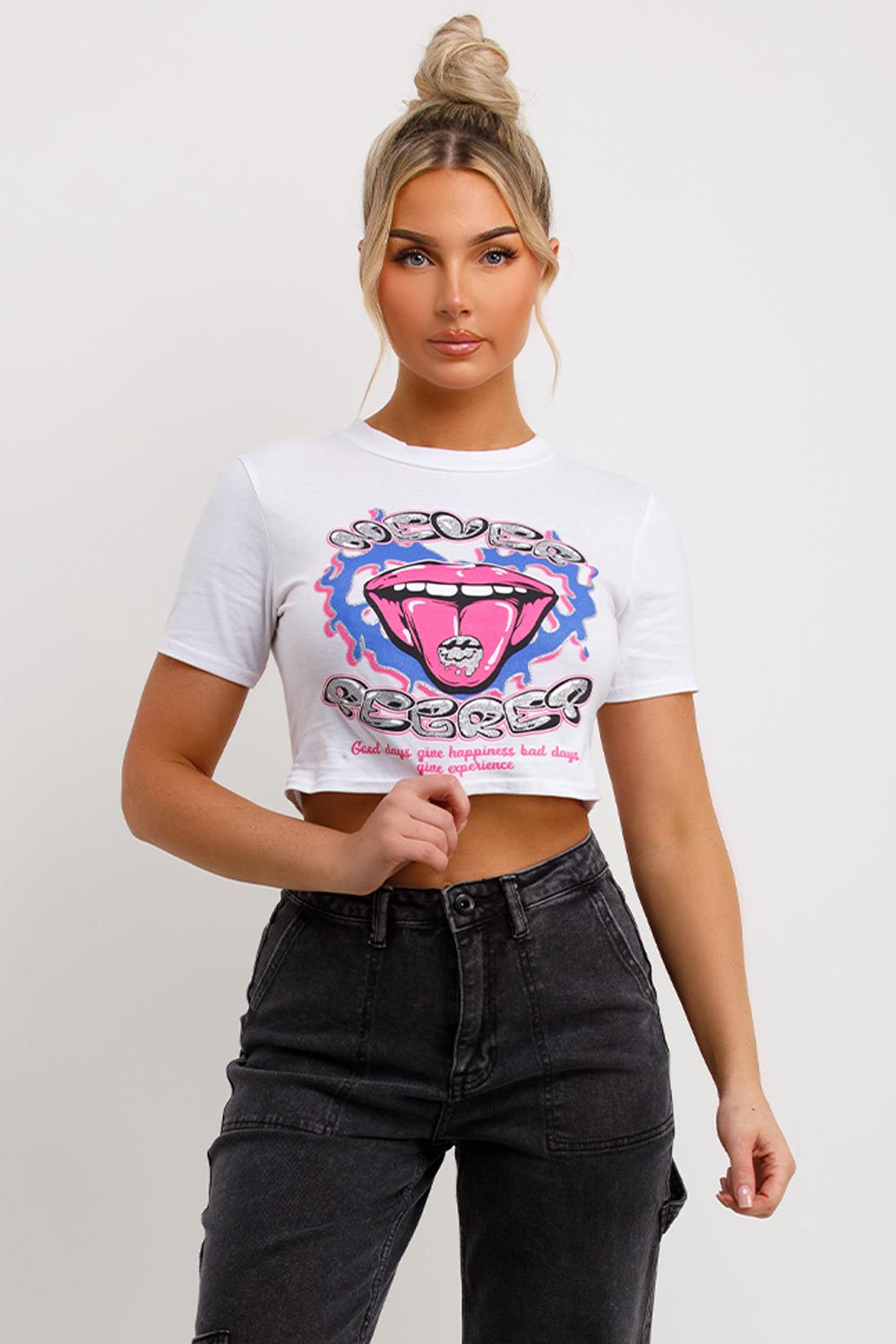 white crop t shirt with never regret slogan womens