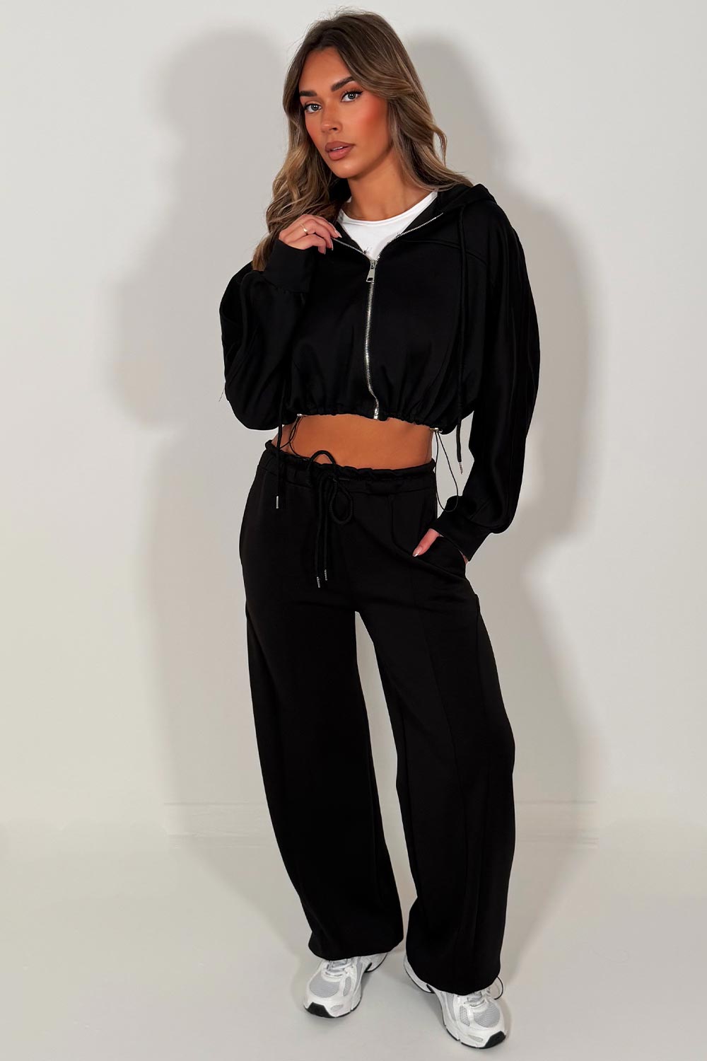 womens black zip up oversized hoodie and joggers two piece tracksuit co ord set styledup
