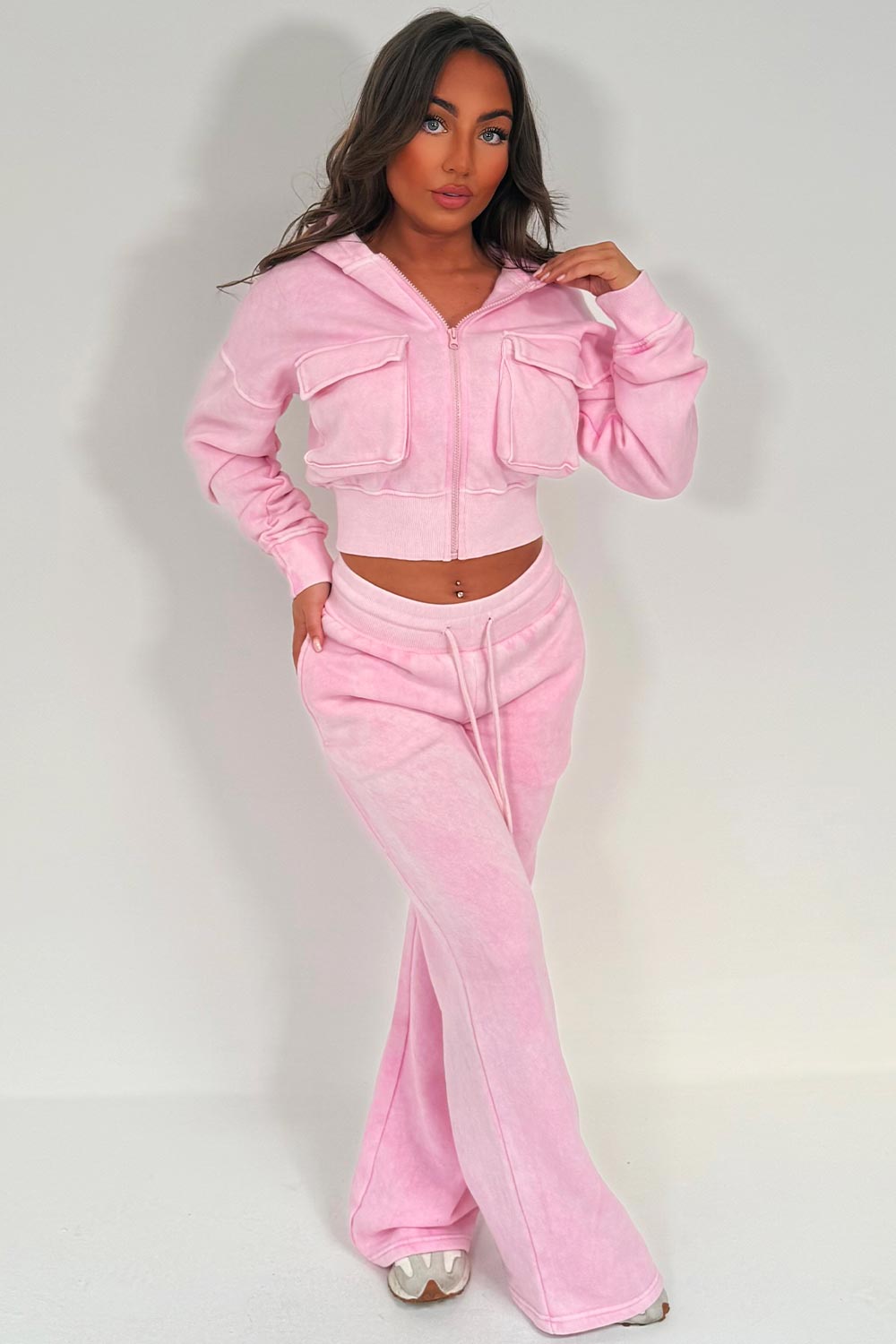 womens crop hoodie and joggers two piece loungewear co ord set styledup fashion airport outfit styledup white fox uk