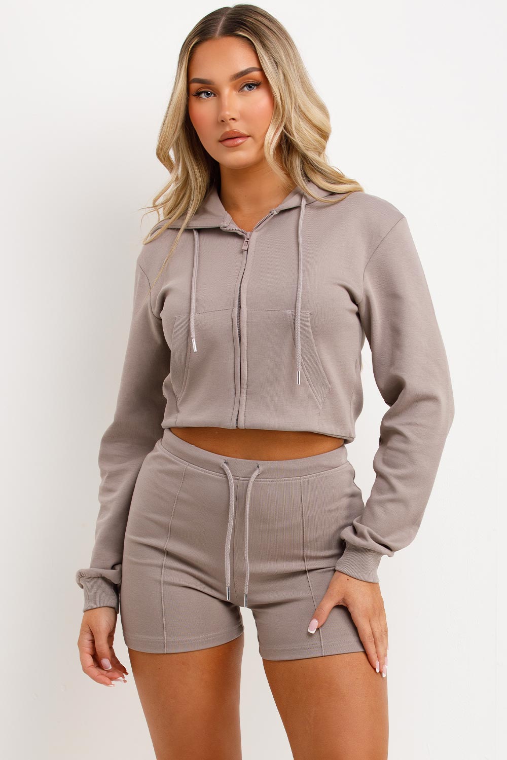 zara womens crop interlocked sweatshirt and shorts two piece loungewear tracksuit set styledup
