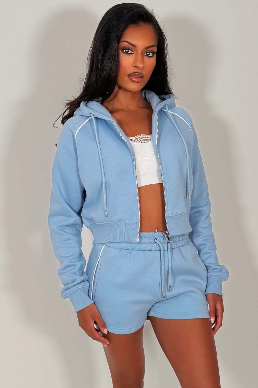 womens summer shorts lounge set crop hoodie and shorts airport outfit styledup uk