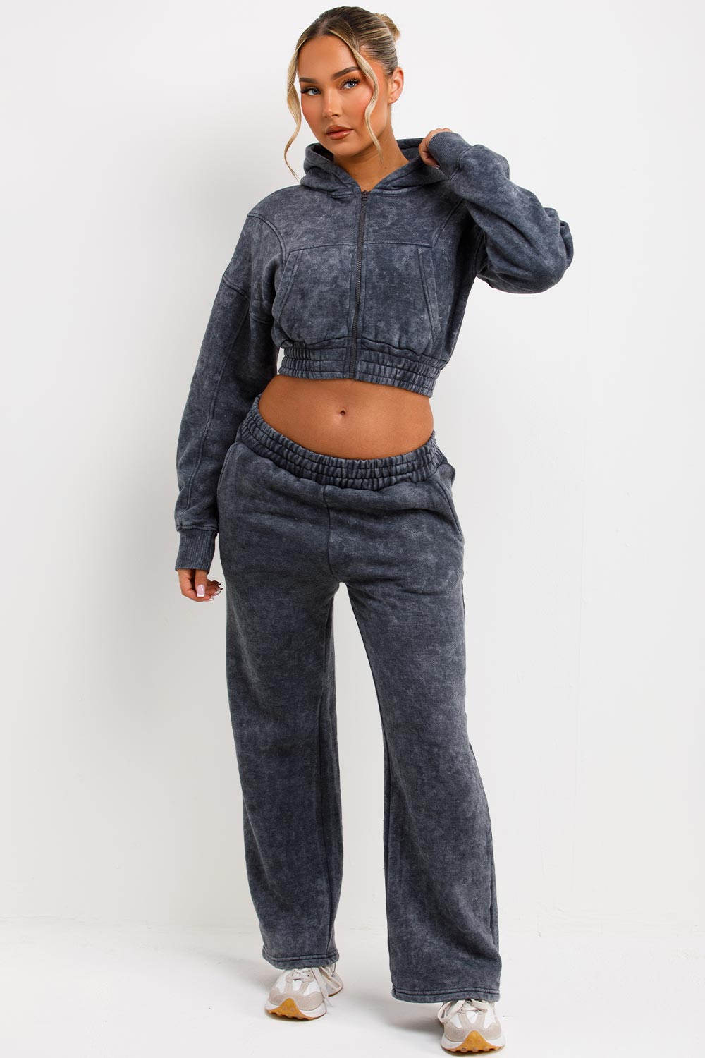 crop zip up hoodie and wide leg joggers tracksuit set womens airport outfit acid wash grey styledup