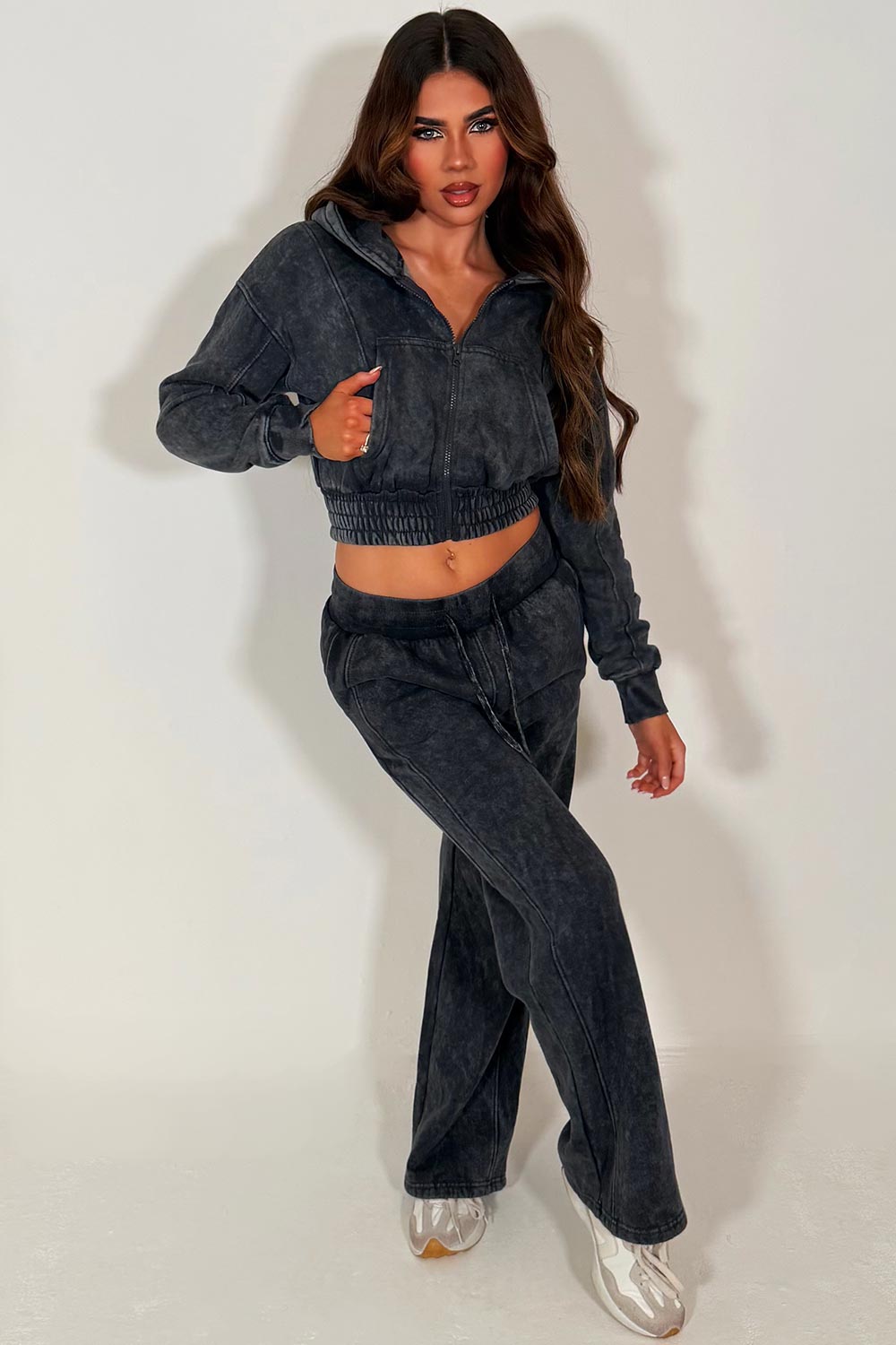 womens crop zip up hoodie and wide leg joggers tracksuit set grey styledup