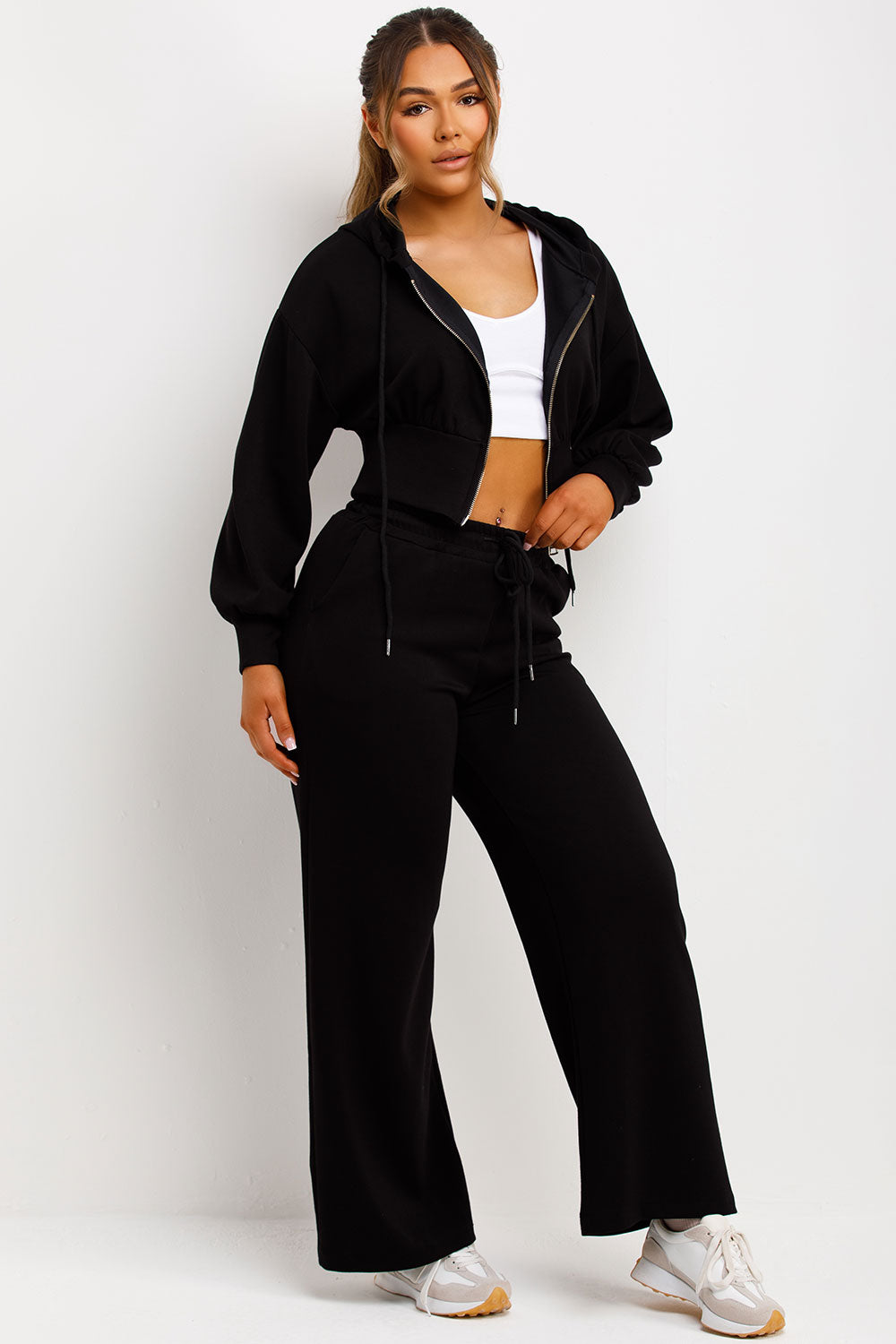 womens crop hoodie and wide leg trousers two piece airport outfit set styledup