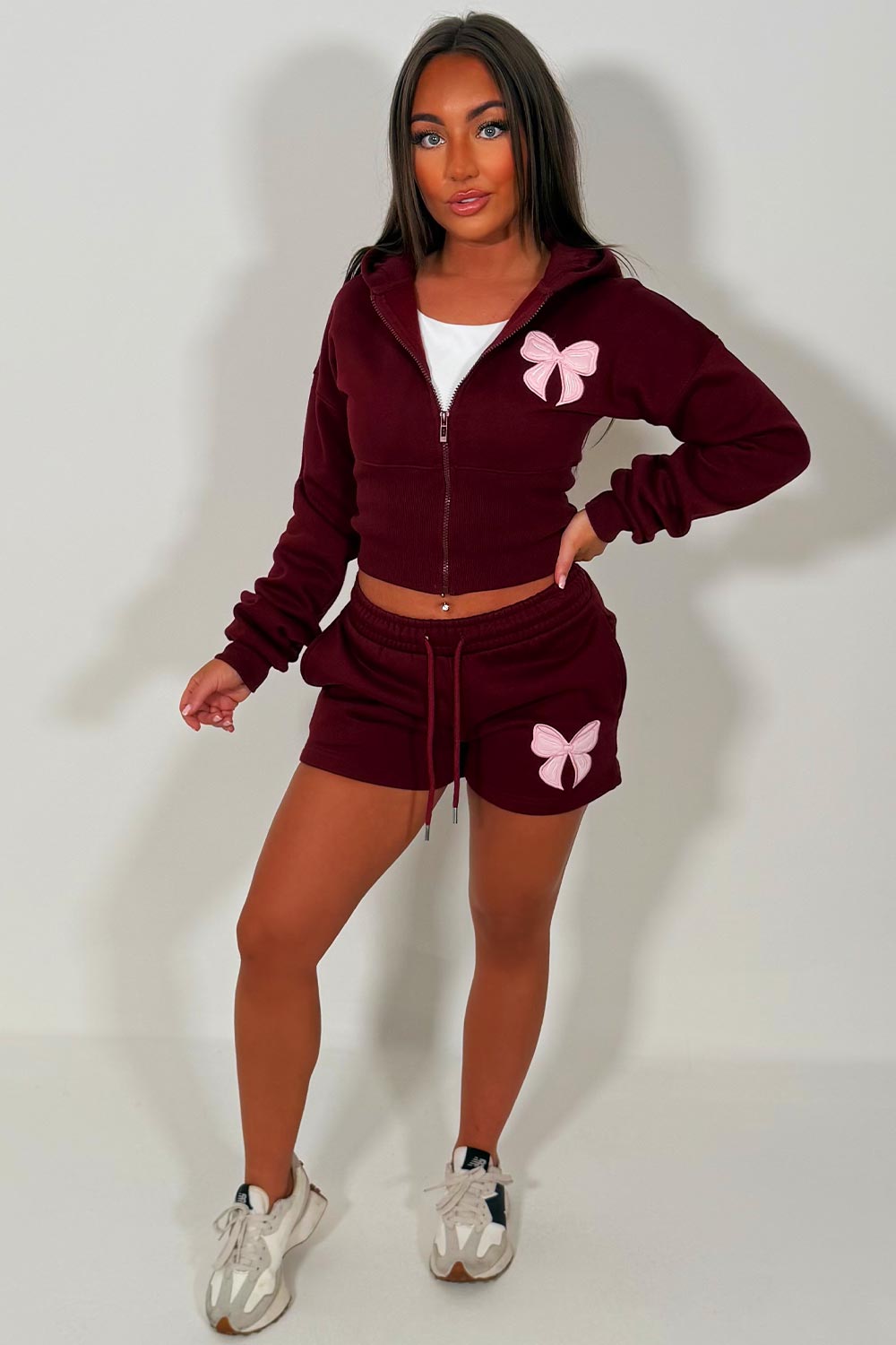 womens bow detail crop corset hoodie and shorts co ord set airport summer holiday outfit set uk