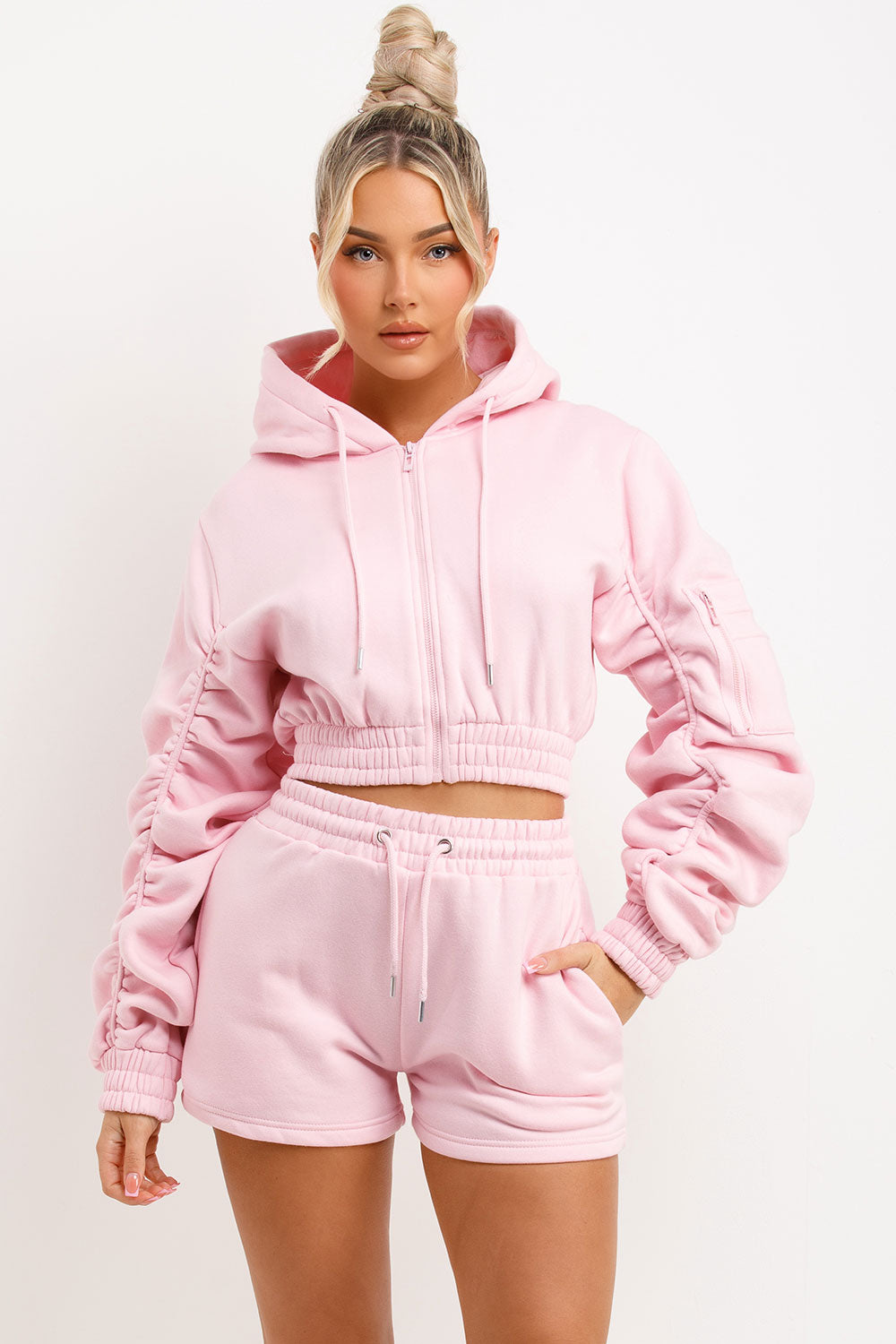 ruched sleeve crop zip hoodie and short tracksuit summer lounge set womens airport outfit