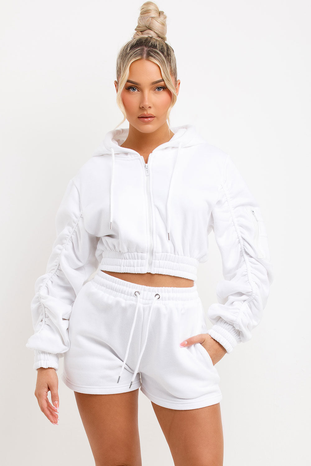 short tracksuit womens crop zip hoodie with ruched sleeves and shorts two piece set