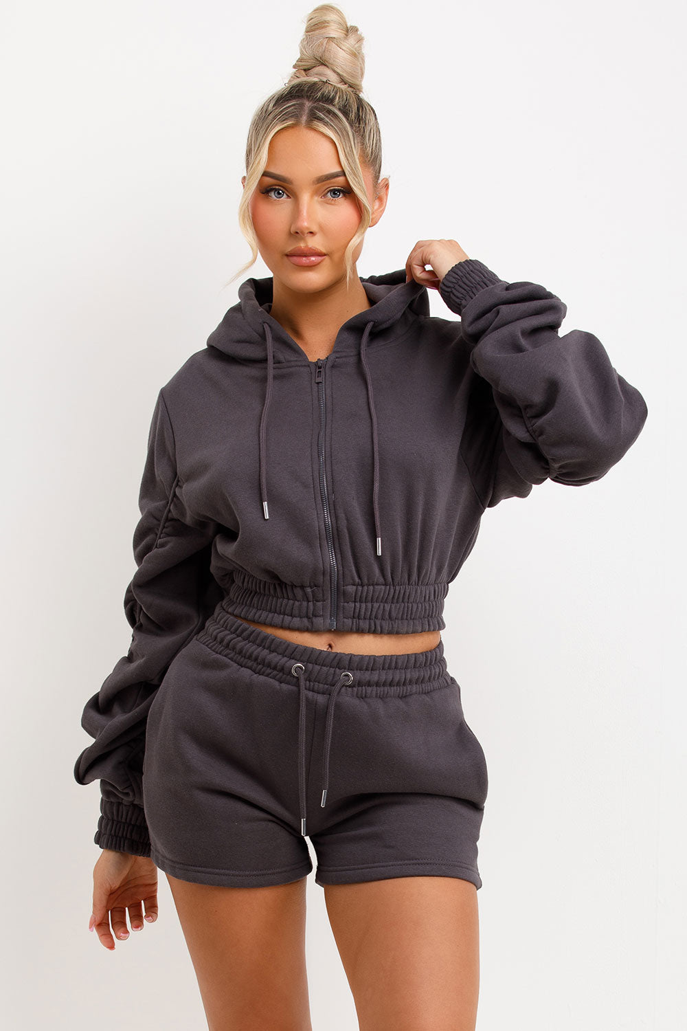 ruched sleeve crop zip hoodie and short tracksuit summer lounge set womens airport outfit