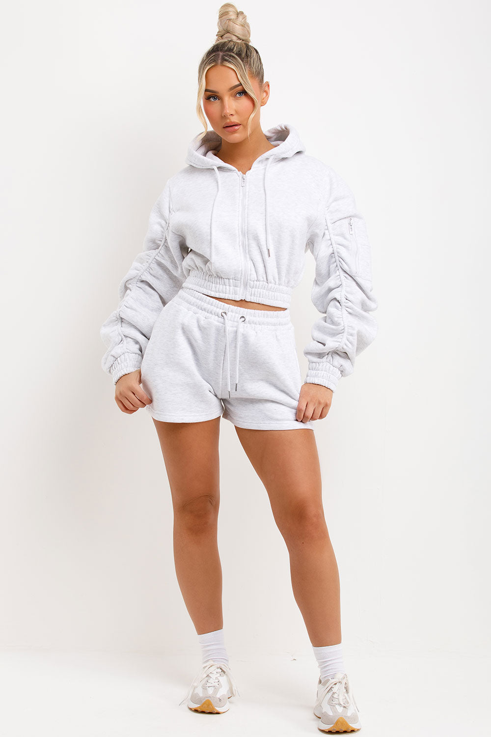 ruched sleeve crop zip hoodie and shorts tracksuit set womens