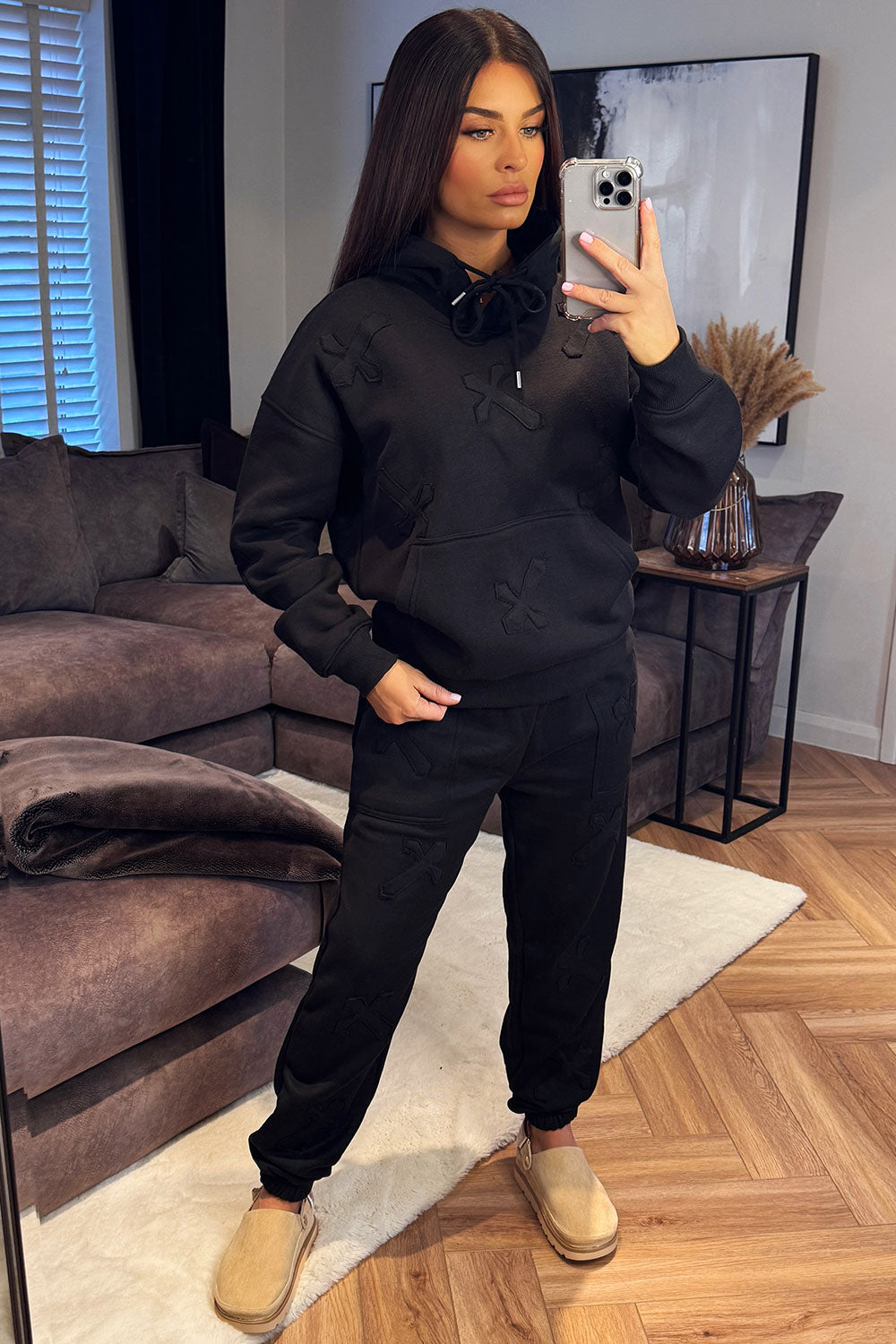 cross hoodie and joggers loungewear set womens acid wash tracksuit styled up