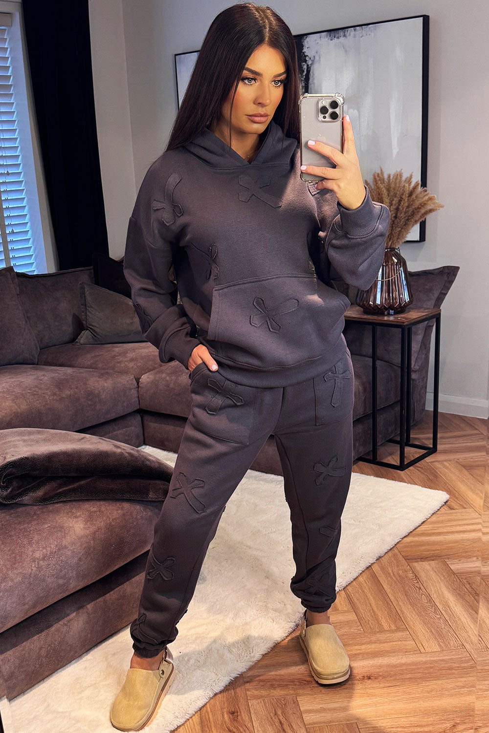womens hoodie and joggers tracksuit set with crosses
