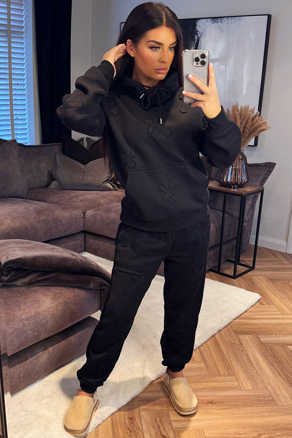 womens oversized hoodie and joggers tracksuit set with distressed cross detail