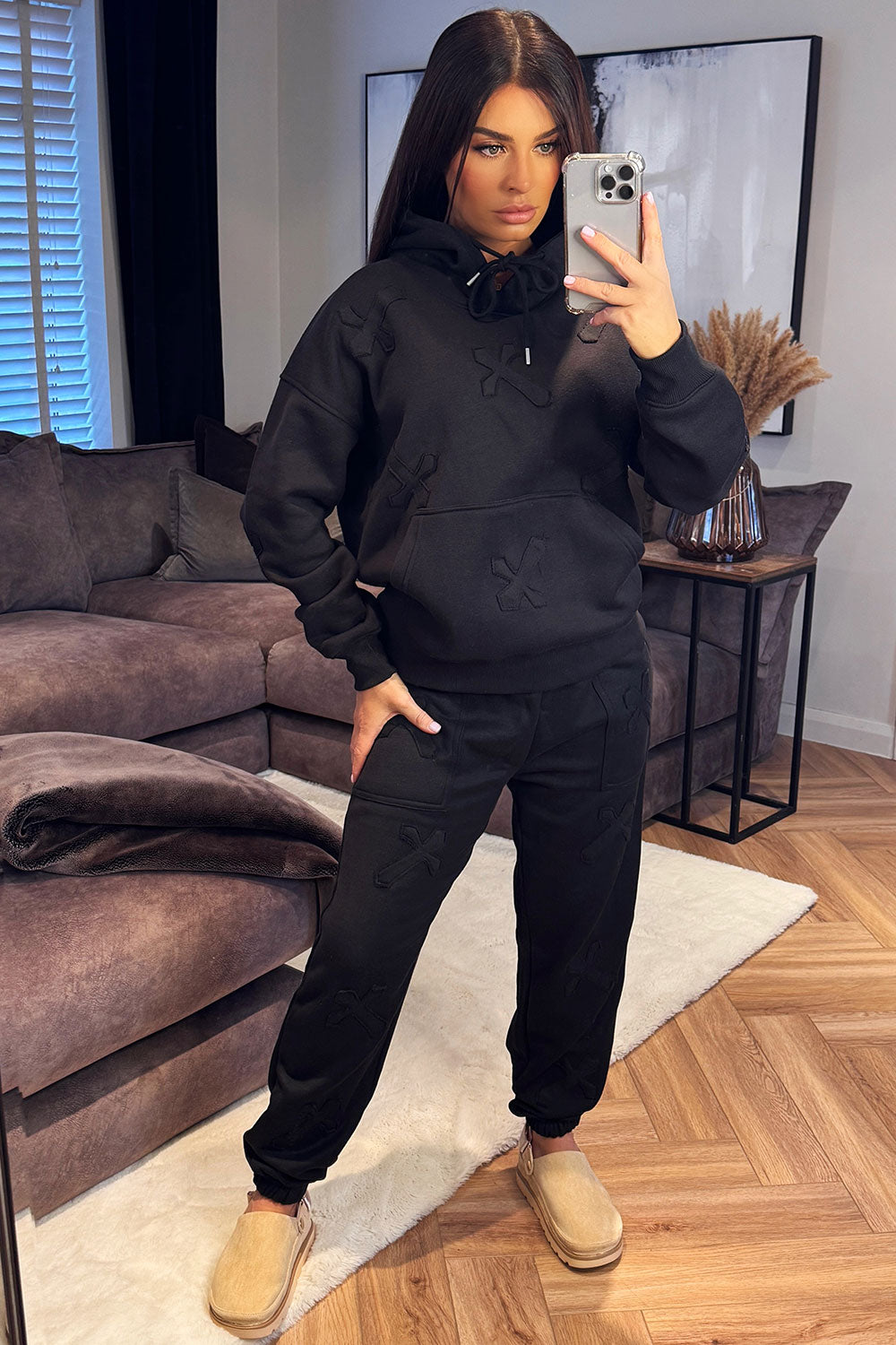 womens hoodie and joggers tracksuit set with crosses