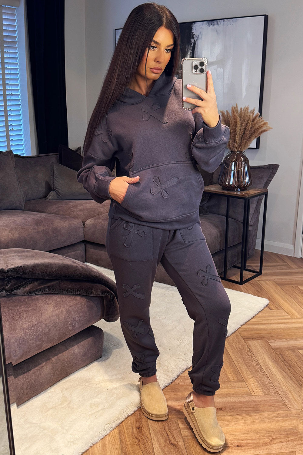 womens oversized hoodie and joggers tracksuit set with distressed cross detail