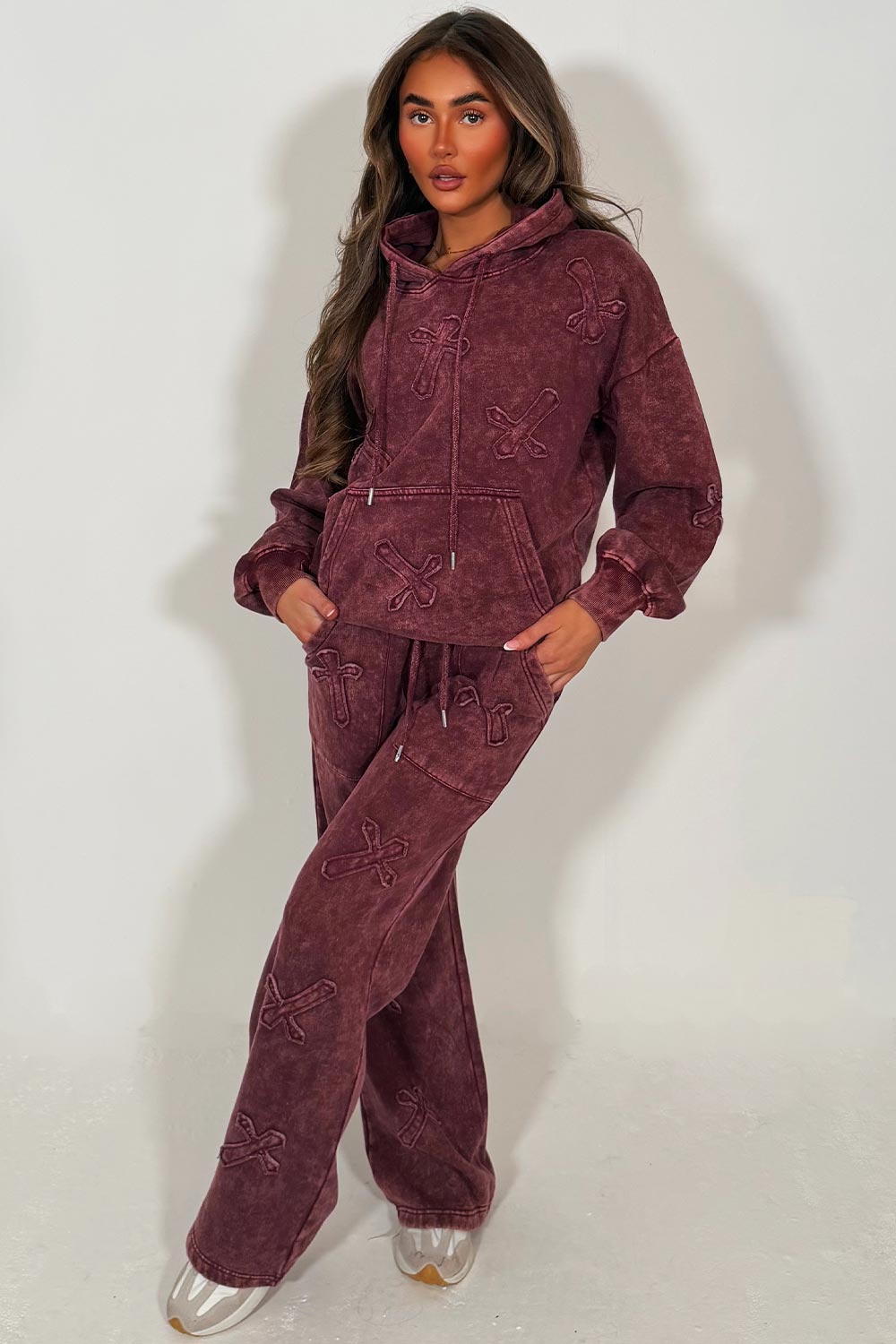 womens oversized burgundy hoodie and joggers tracksuit set with distressed cross detail