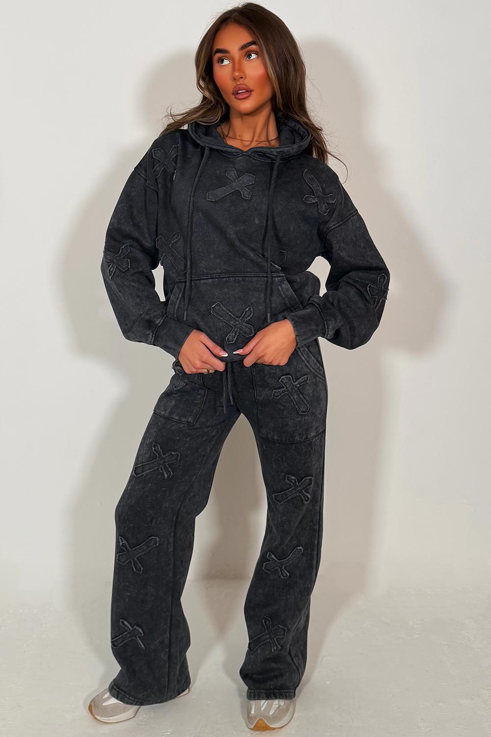 womens oversized grey hoodie and joggers tracksuit set with distressed cross detail