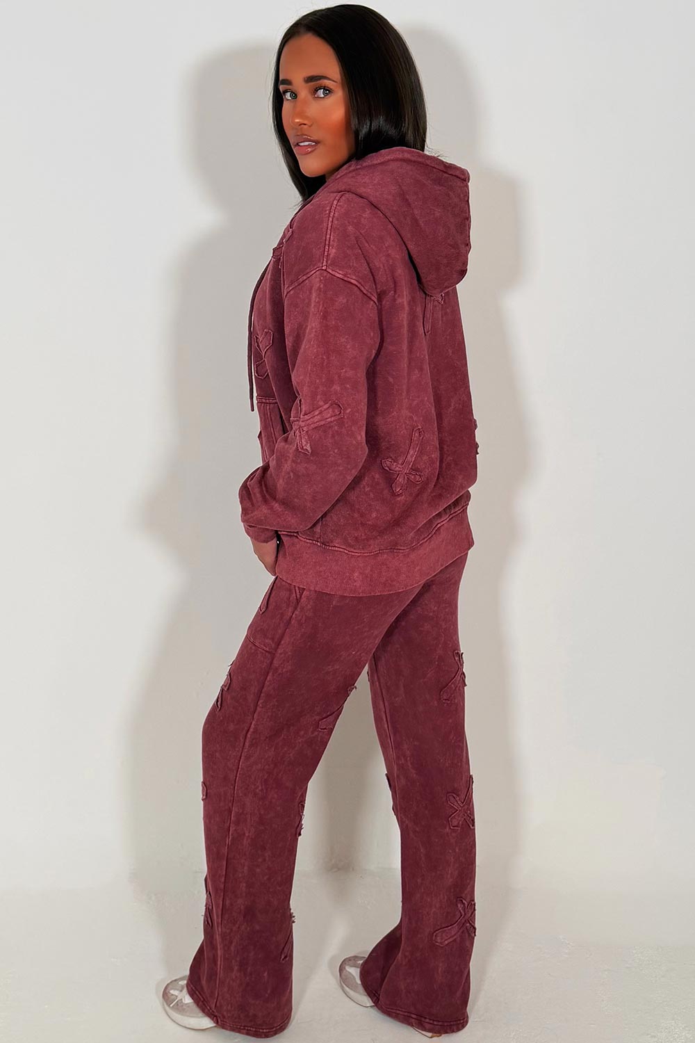burgundy cross hoodie and joggers loungewear set womens acid wash tracksuit styled up
