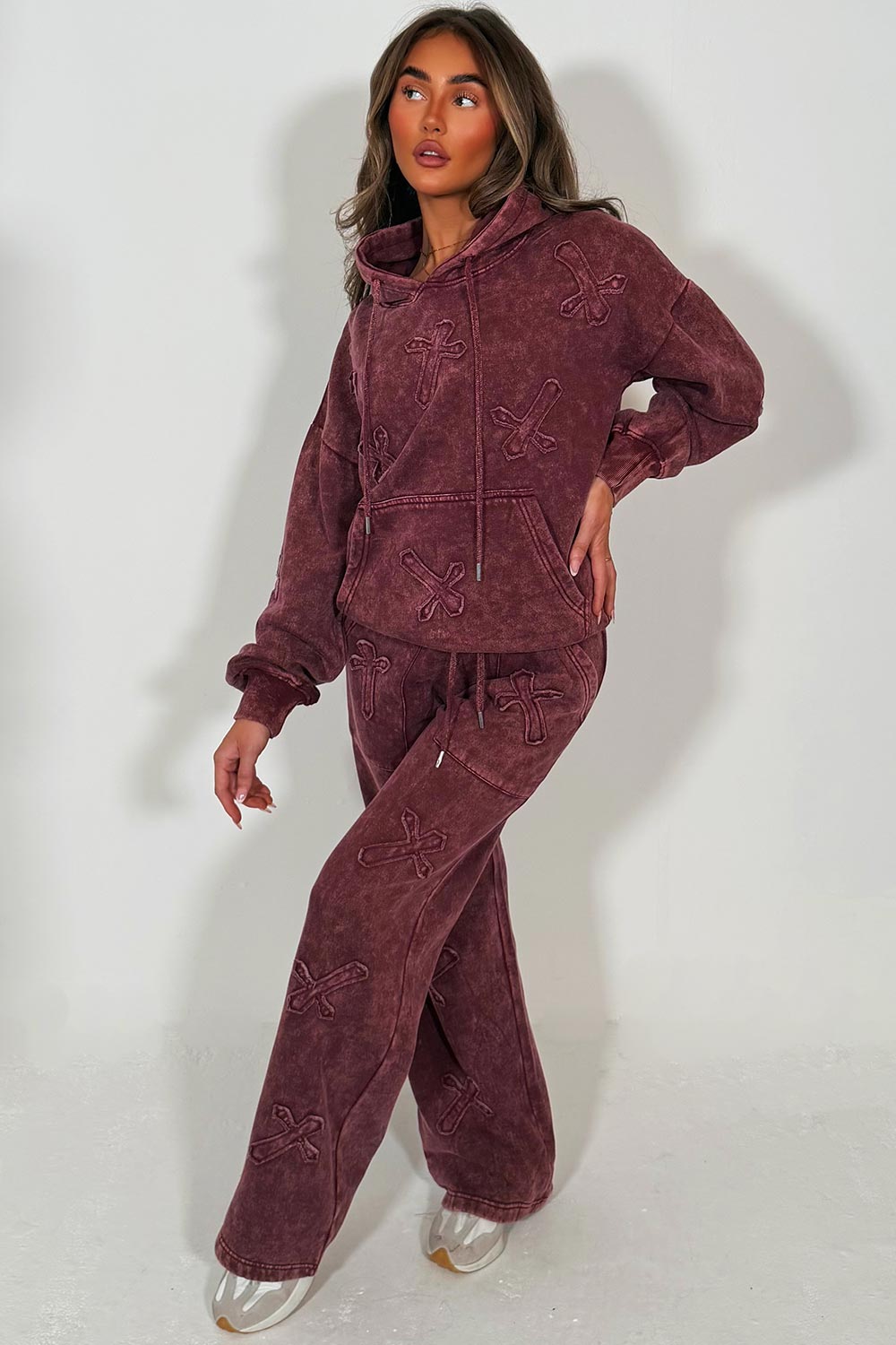 womens hoodie and joggers tracksuit set with crosses burgundy