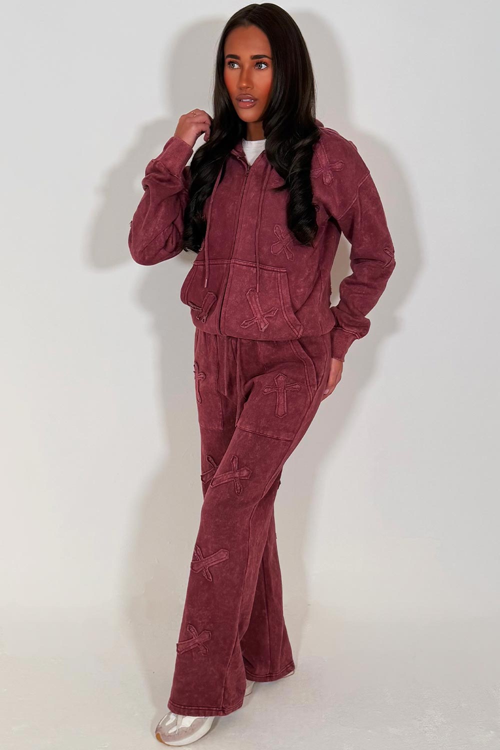cross patch zip hoodie and joggers tracksuit set womens crucifix loungewear co ord burgundy acid wash styledup uk