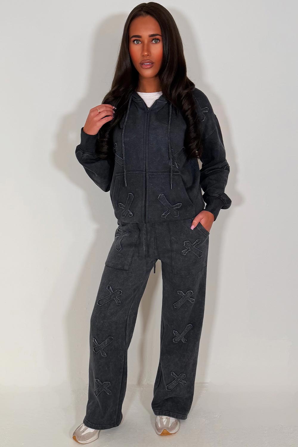 cross patch zip hoodie and joggers tracksuit set womens crucifix loungewear co ord charcoal grey acid wash styledup uk