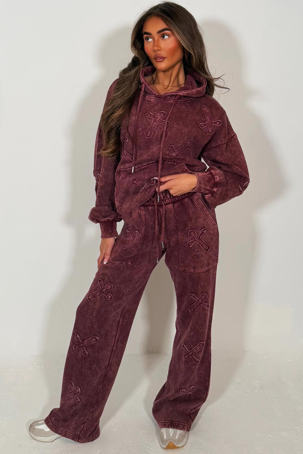 burgundy cross hoodie and joggers loungewear set womens acid wash tracksuit styled up