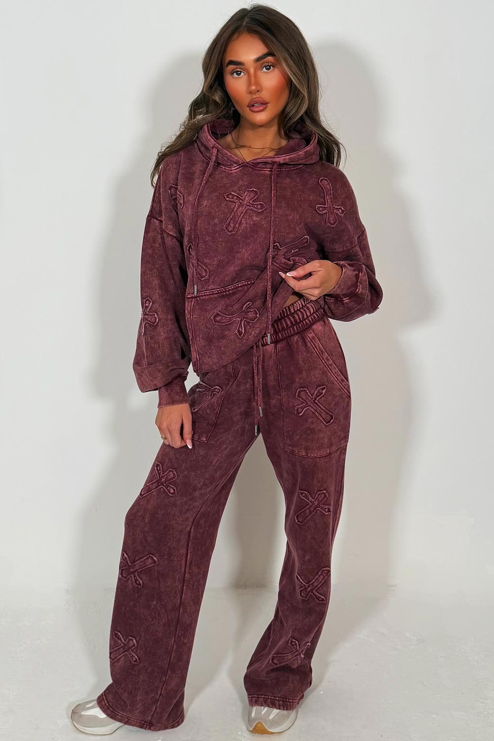 womens distressed cross hoodie and joggers set loungewear styled up