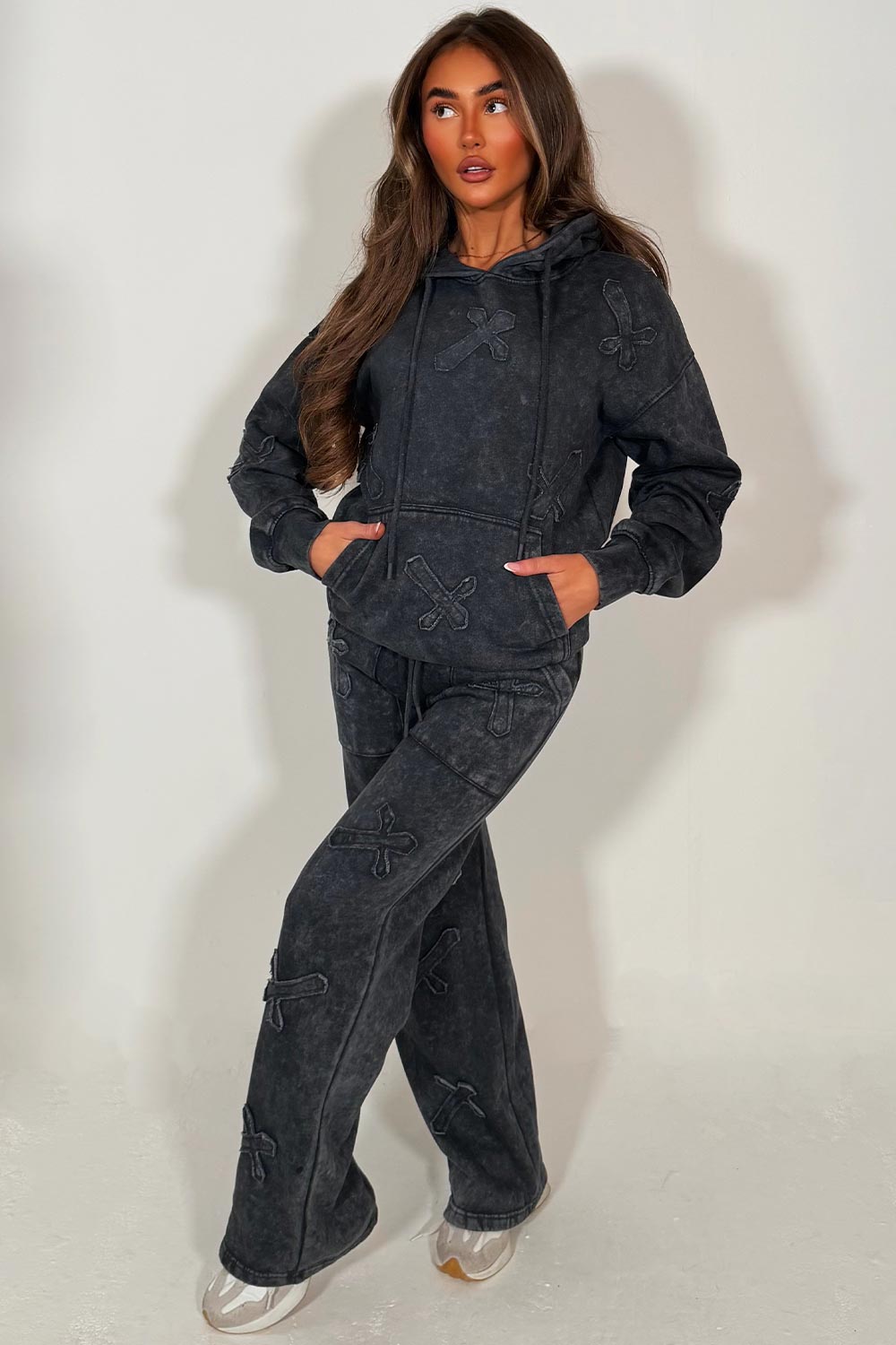 womens distressed cross hoodie and joggers set loungewear styled up