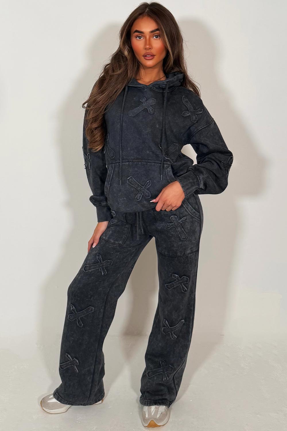 cross patch hoodie and joggers tracksuit set womens crucifix loungewear co ord styledup uk