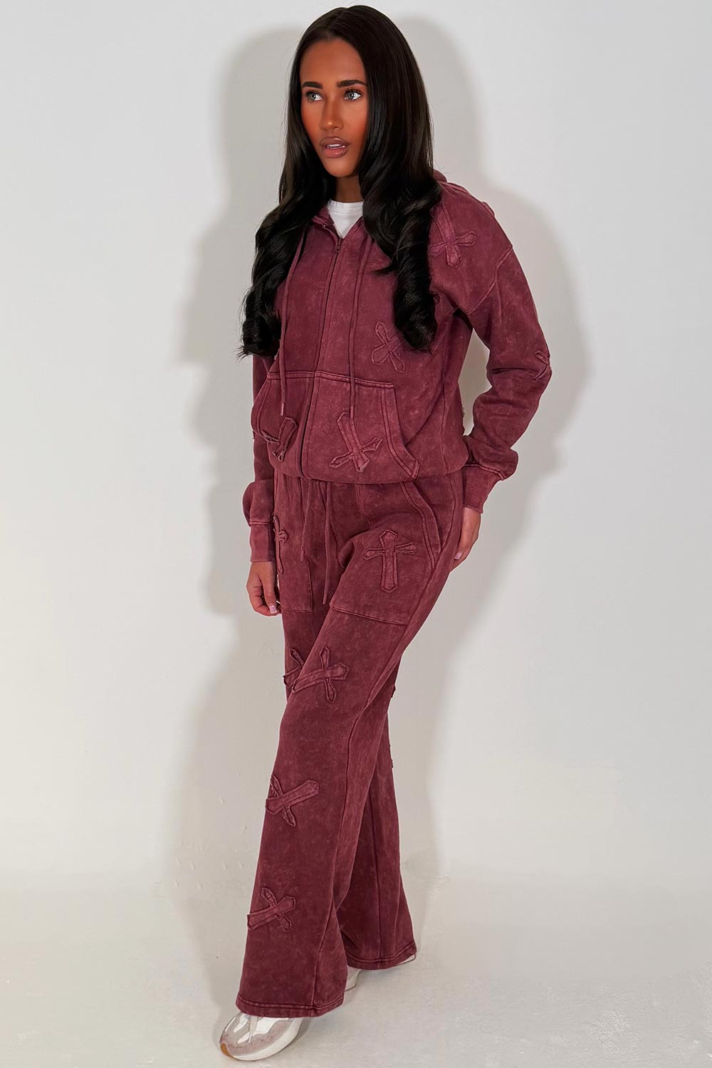 womens oversized zip hoodie sweatshirt and wide leg joggers with cross applique