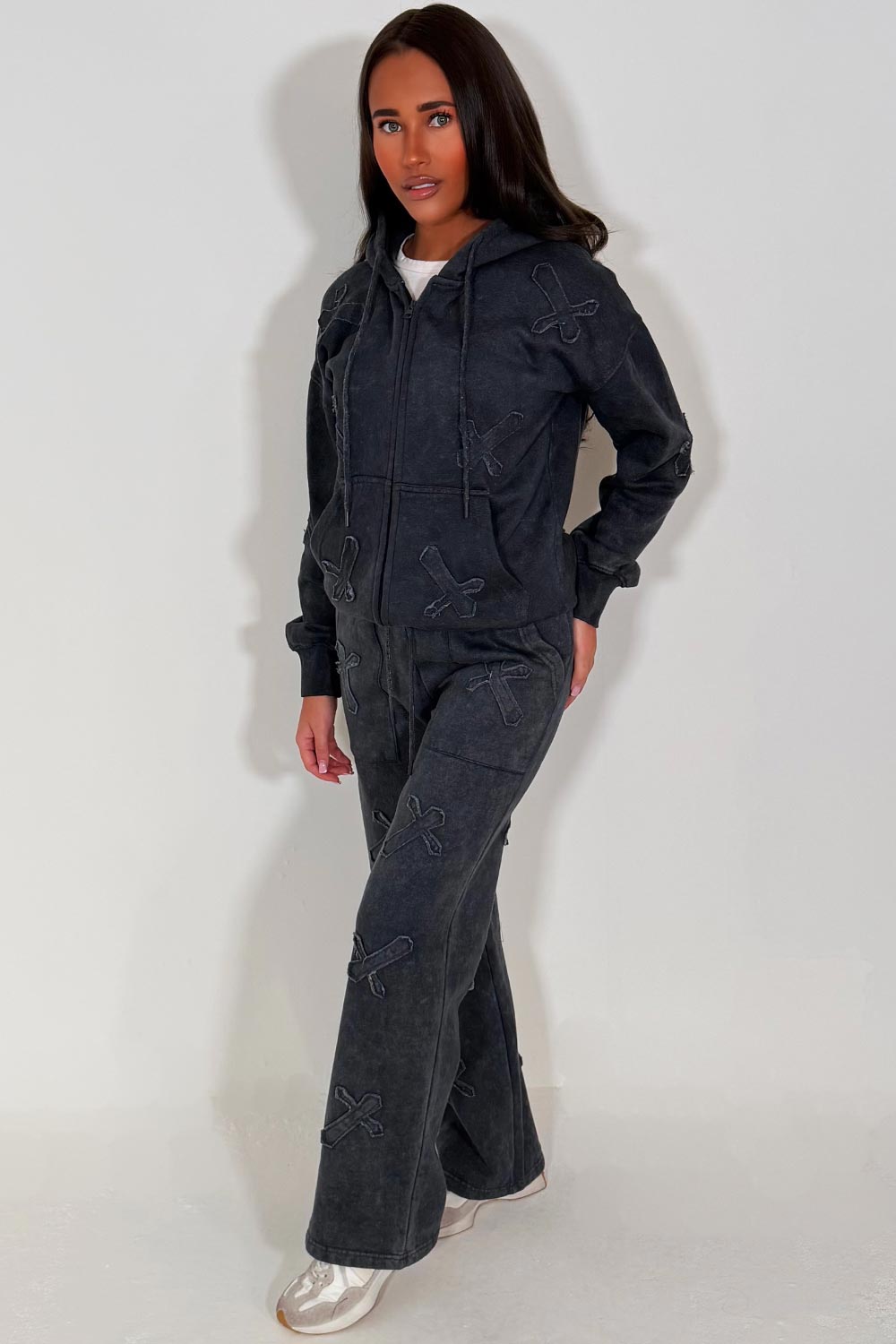 womens oversized zip hoodie sweatshirt and wide leg joggers with cross applique