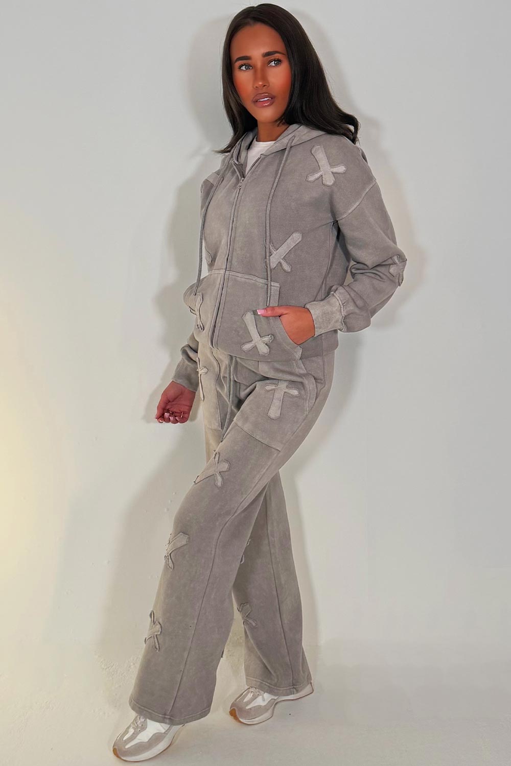 womens oversized zip hoodie sweatshirt and wide leg joggers with cross applique