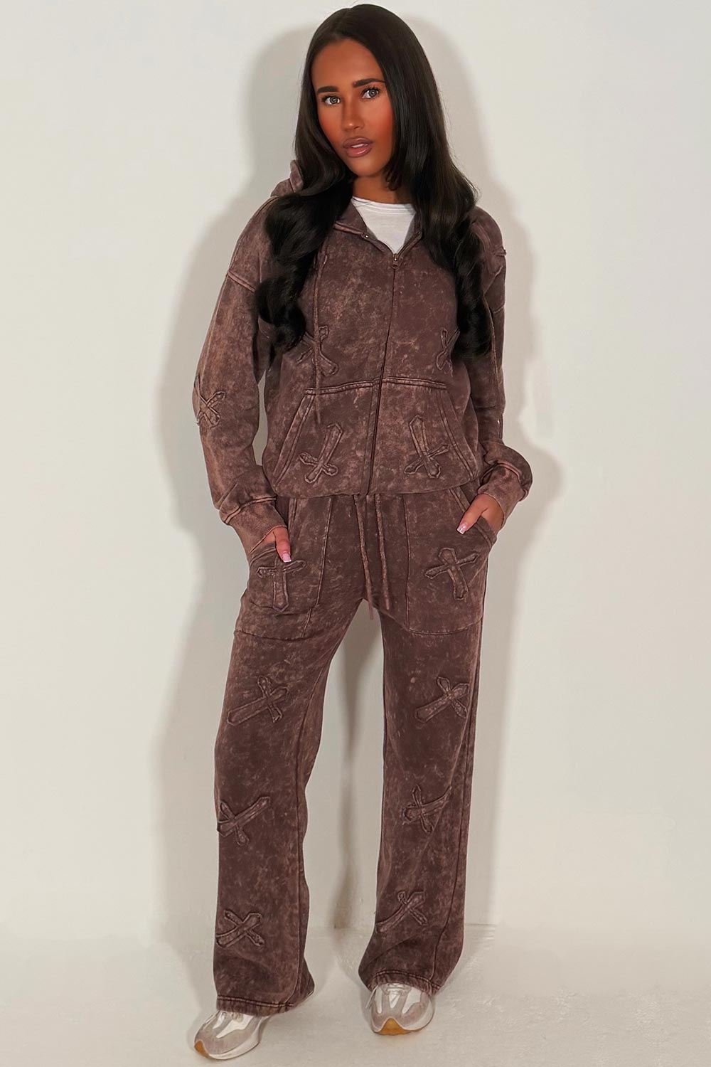 cross patch zip hoodie and joggers tracksuit set womens crucifix loungewear co ord brown acid wash styledup uk