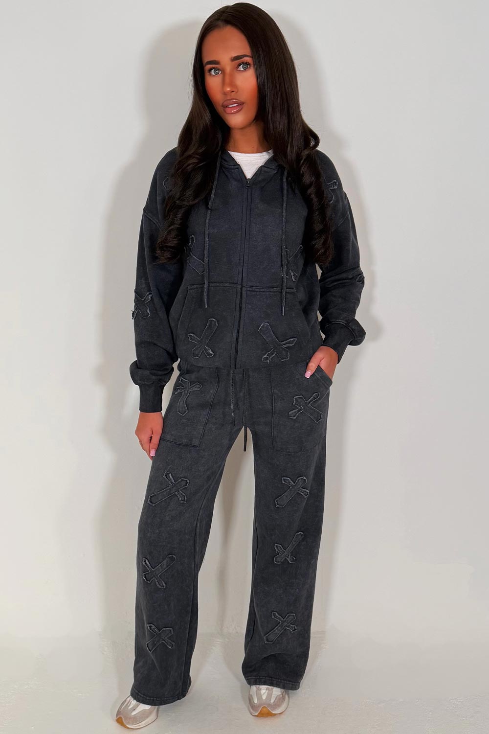 womens zip up hoodie and joggers tracksuit set with crosses charcoal grey