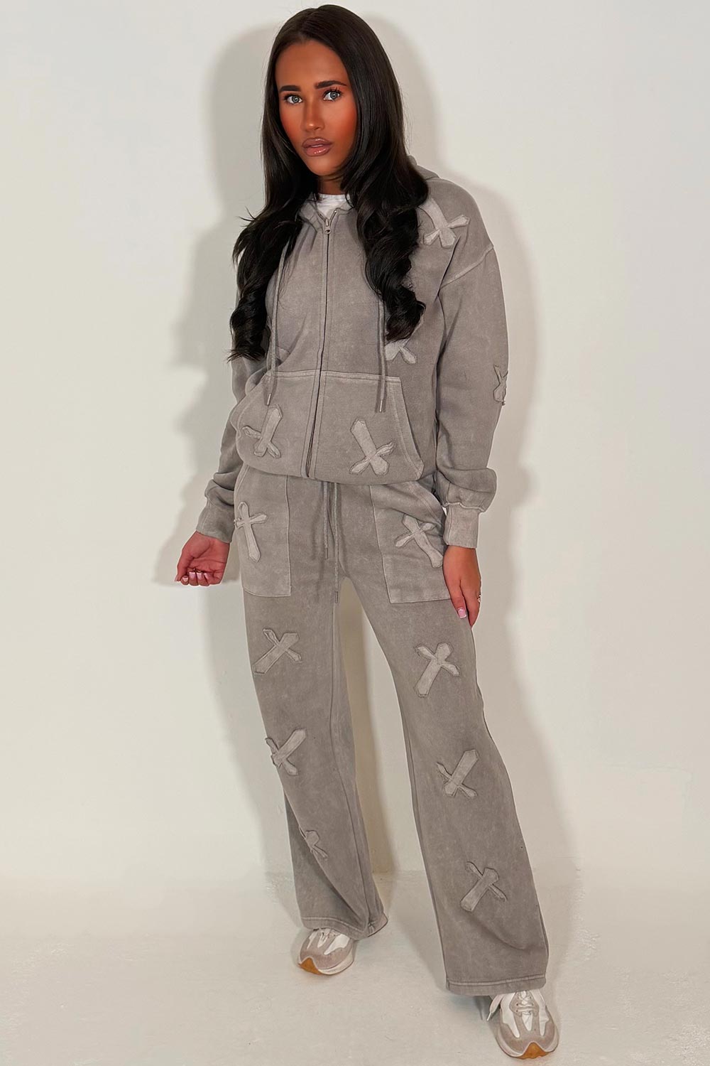 womens brown zip up hoodie and joggers tracksuit set with crosses dove grey
