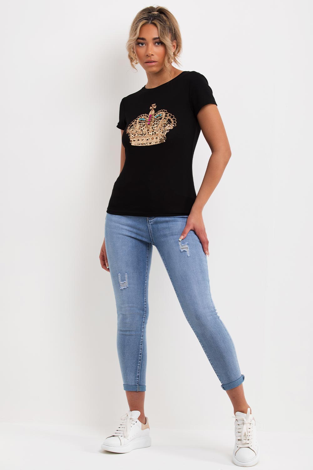 crown diamante embellishment t shirt womens