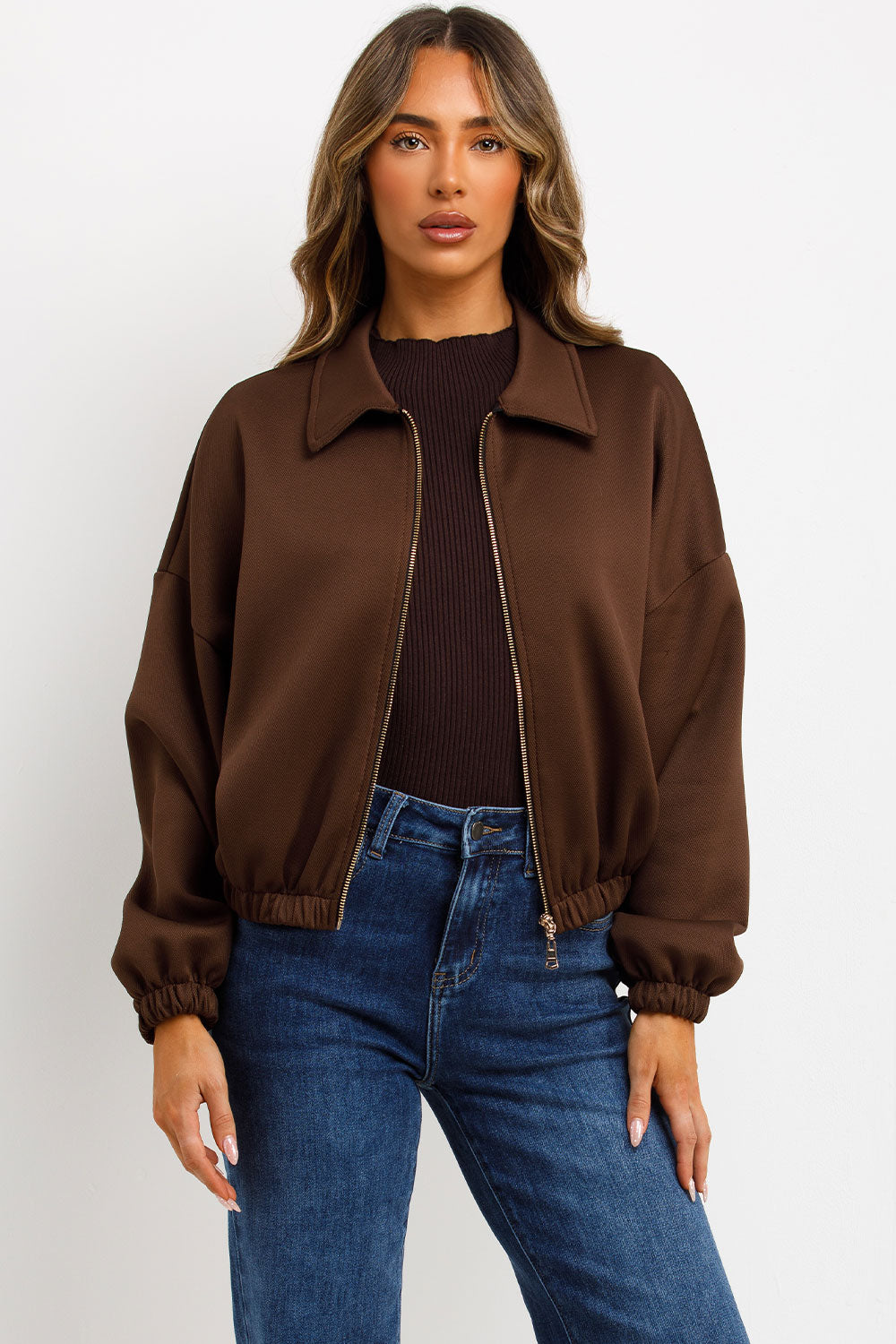 womens zara puffed bomber jacket with zip up front pockets