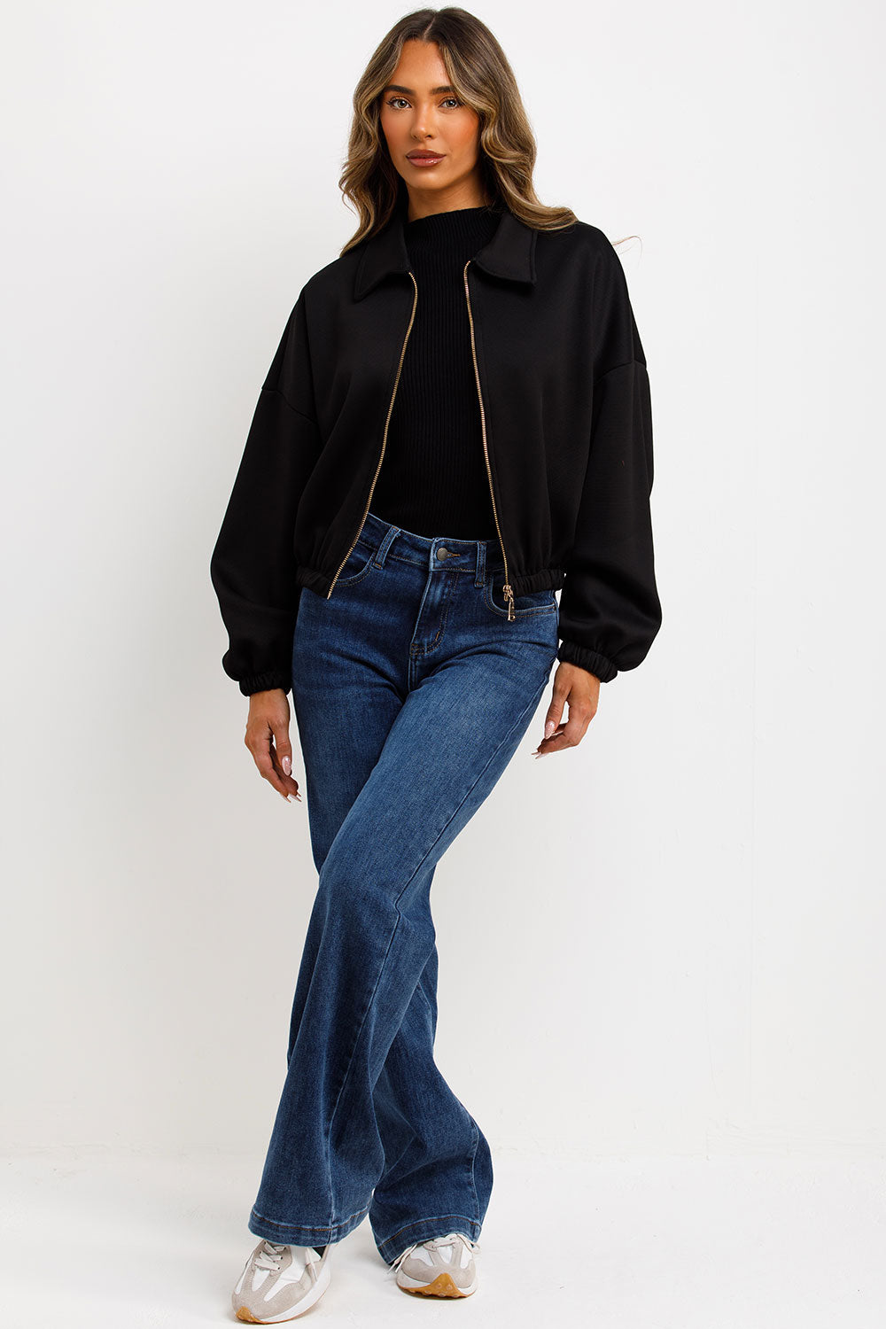 black puffed bomber jacket with double welt pockets long sleeves zara uk for womens