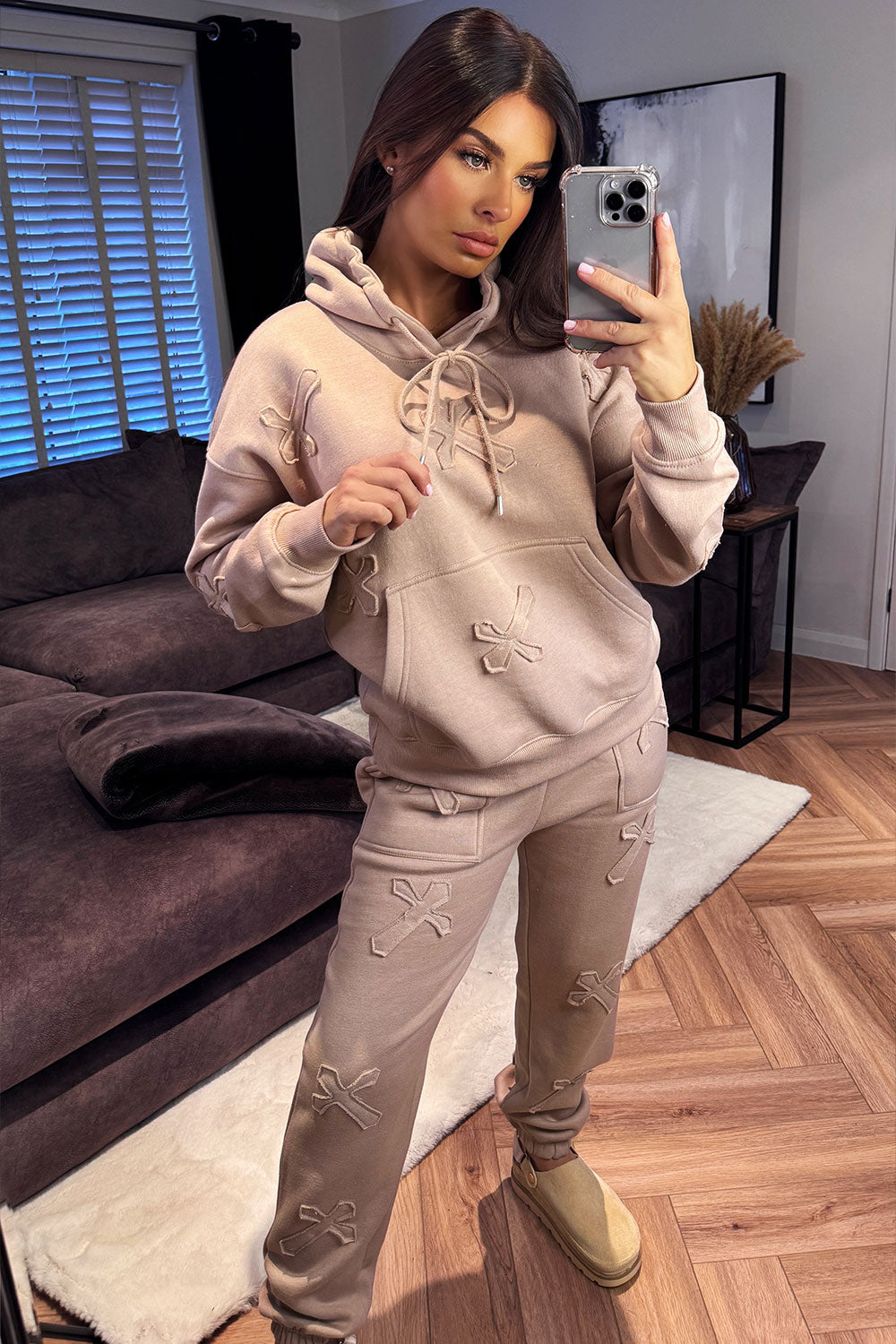 womens distressed cross hoodie and joggers set loungewear styled up