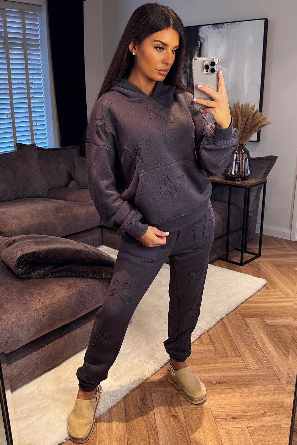 womens distressed cross hoodie and joggers set loungewear styled up