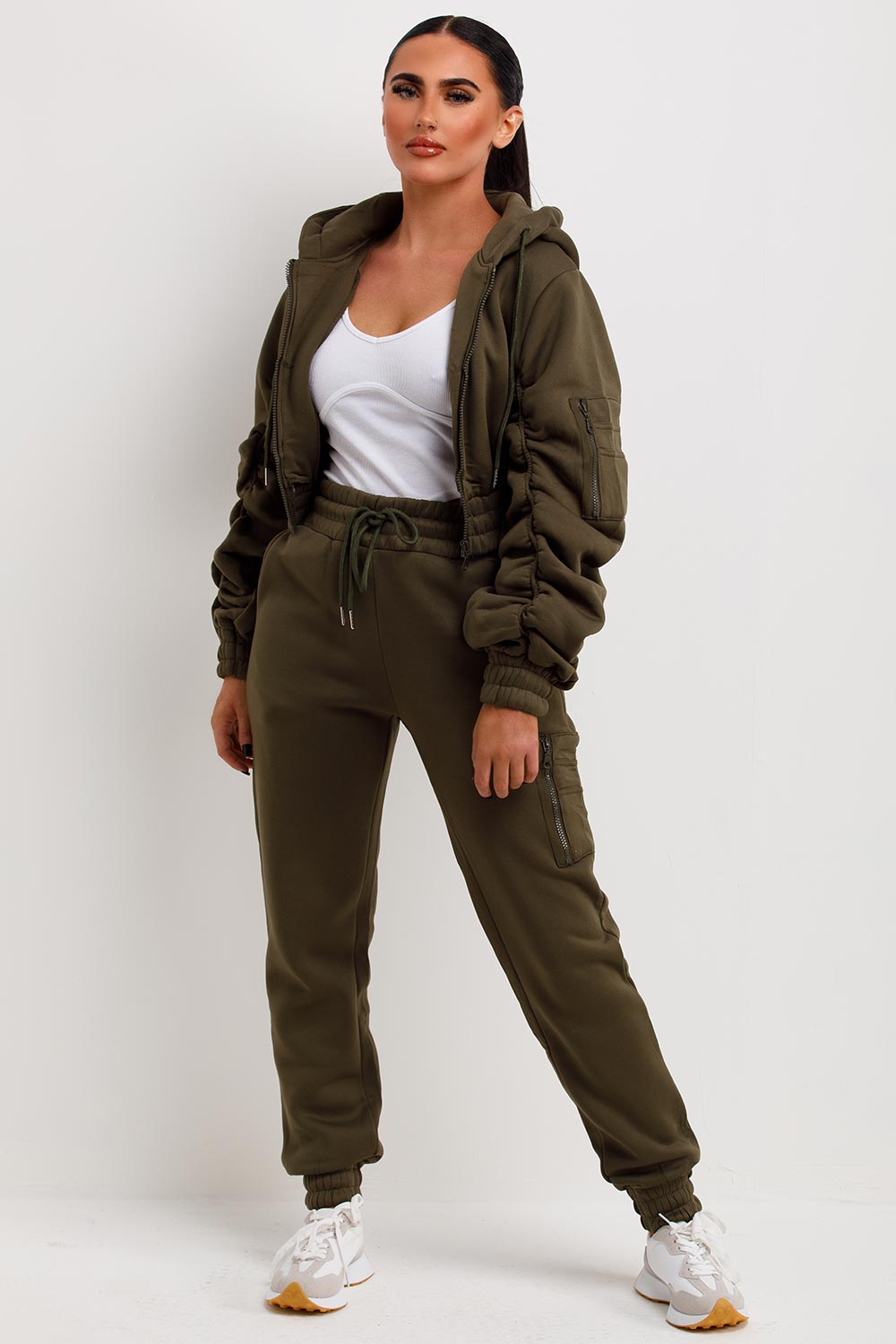 ruched sleeve crop hoodie and joggers loungewear two piece set