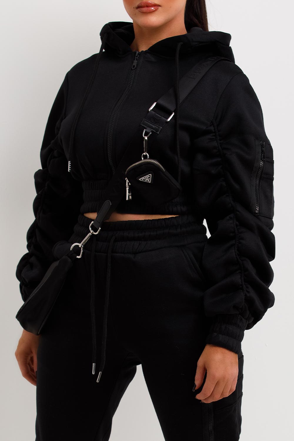 womens ruched sleeve hoodie and joggers loungewear set