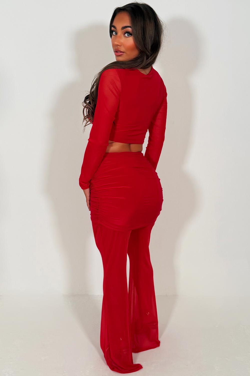 mesh lace flare trouser and long sleeve cut out twist front crop top co ord night out christmas party red outfit for womens uk styledup
