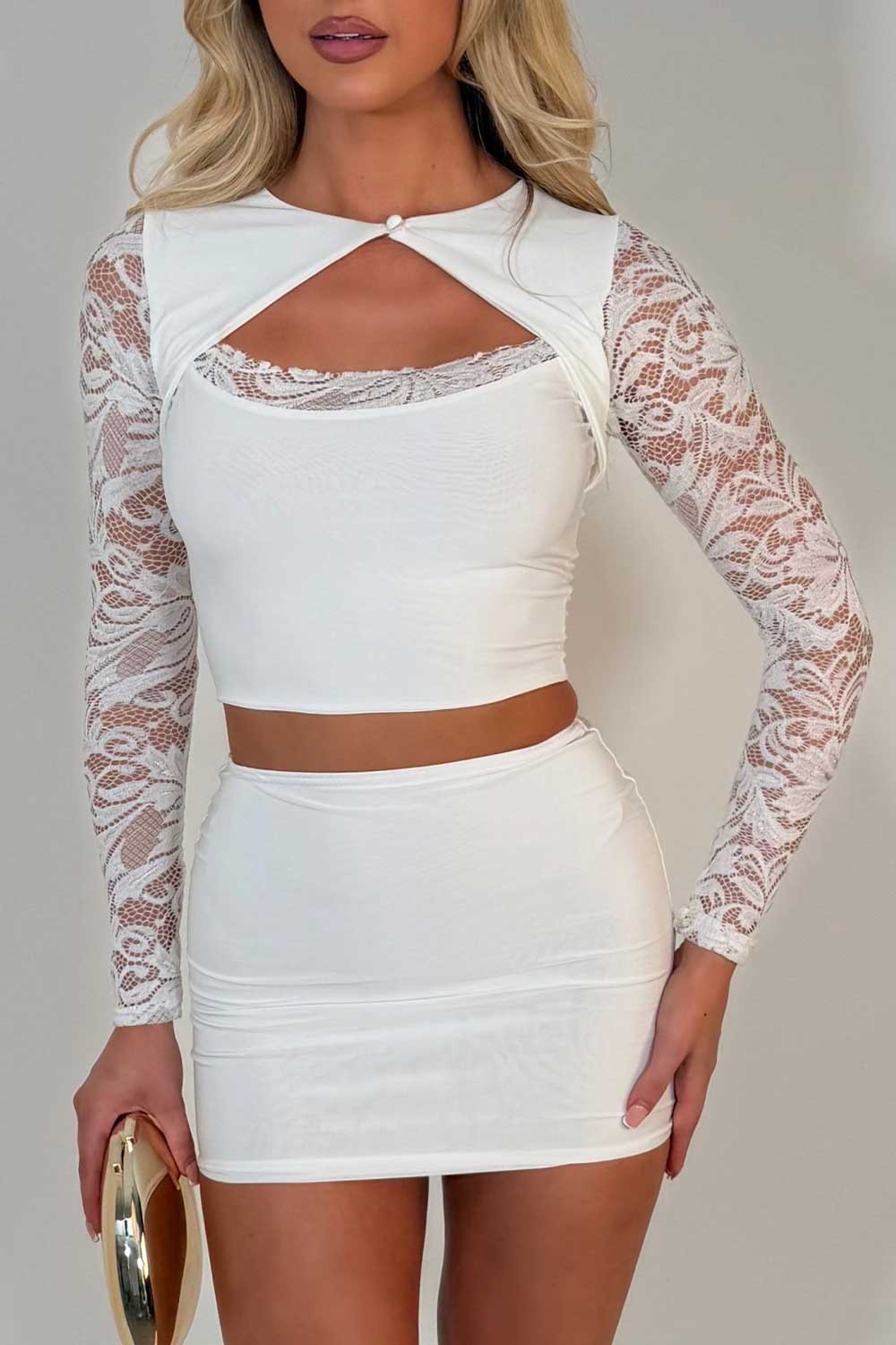 white mini skirt and cut out long lace sleeves crop top two piece festival rave night out outfit for christmas party styledup uk