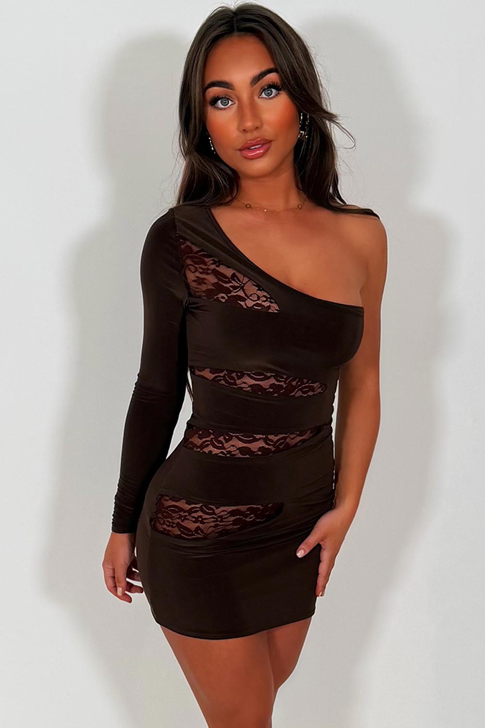 one shoulder mini dress with cut out lace inserts styledup