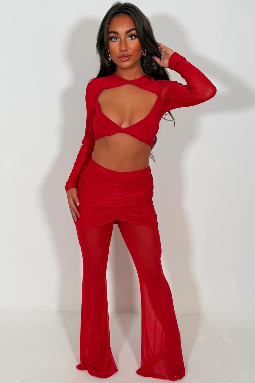 lace mesh flare trouser and long sleeve cut out crop top co ord set red styledup fashion