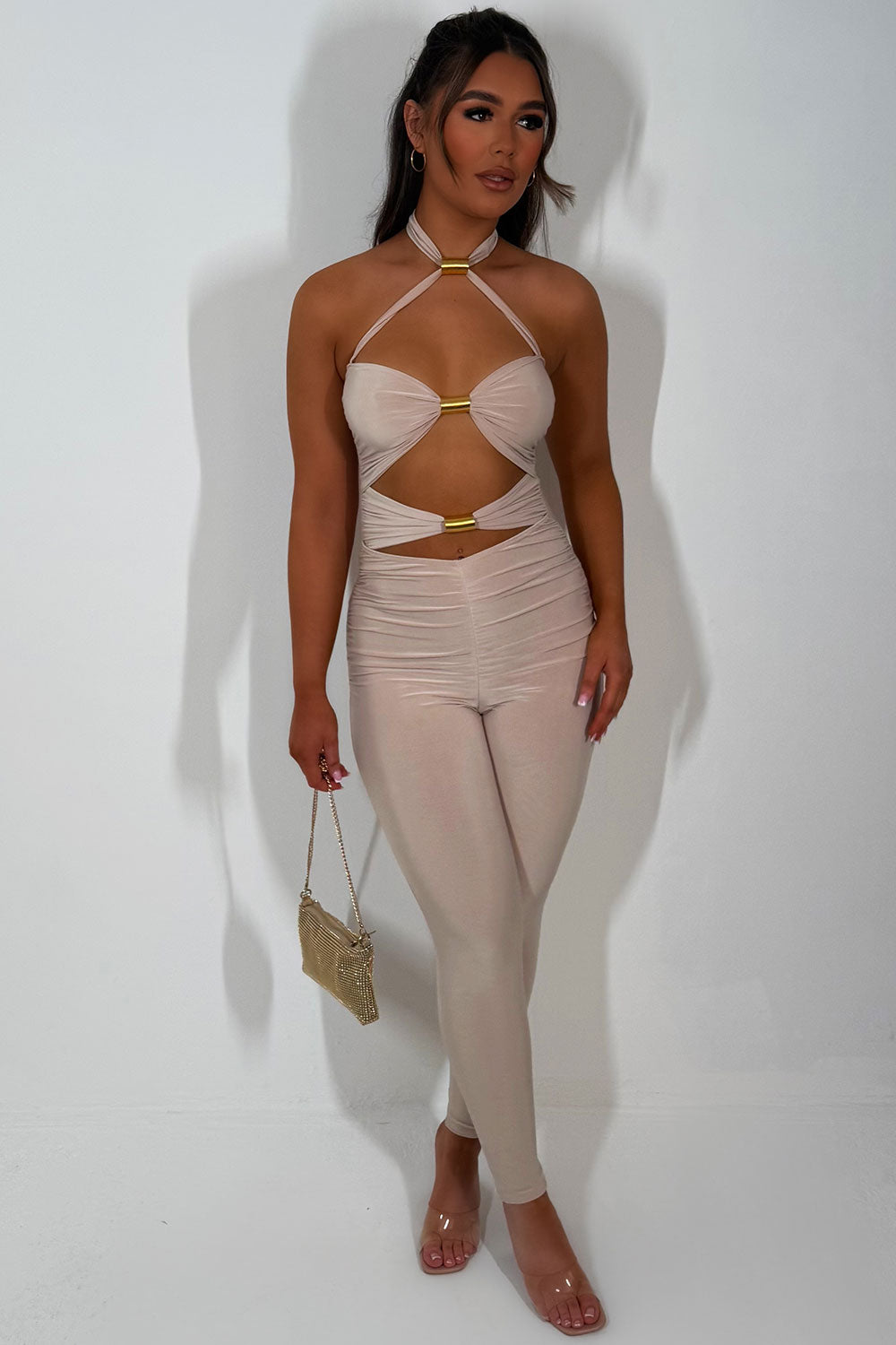 gold spring cut out detail jumpsuit going out summer occasion outfit