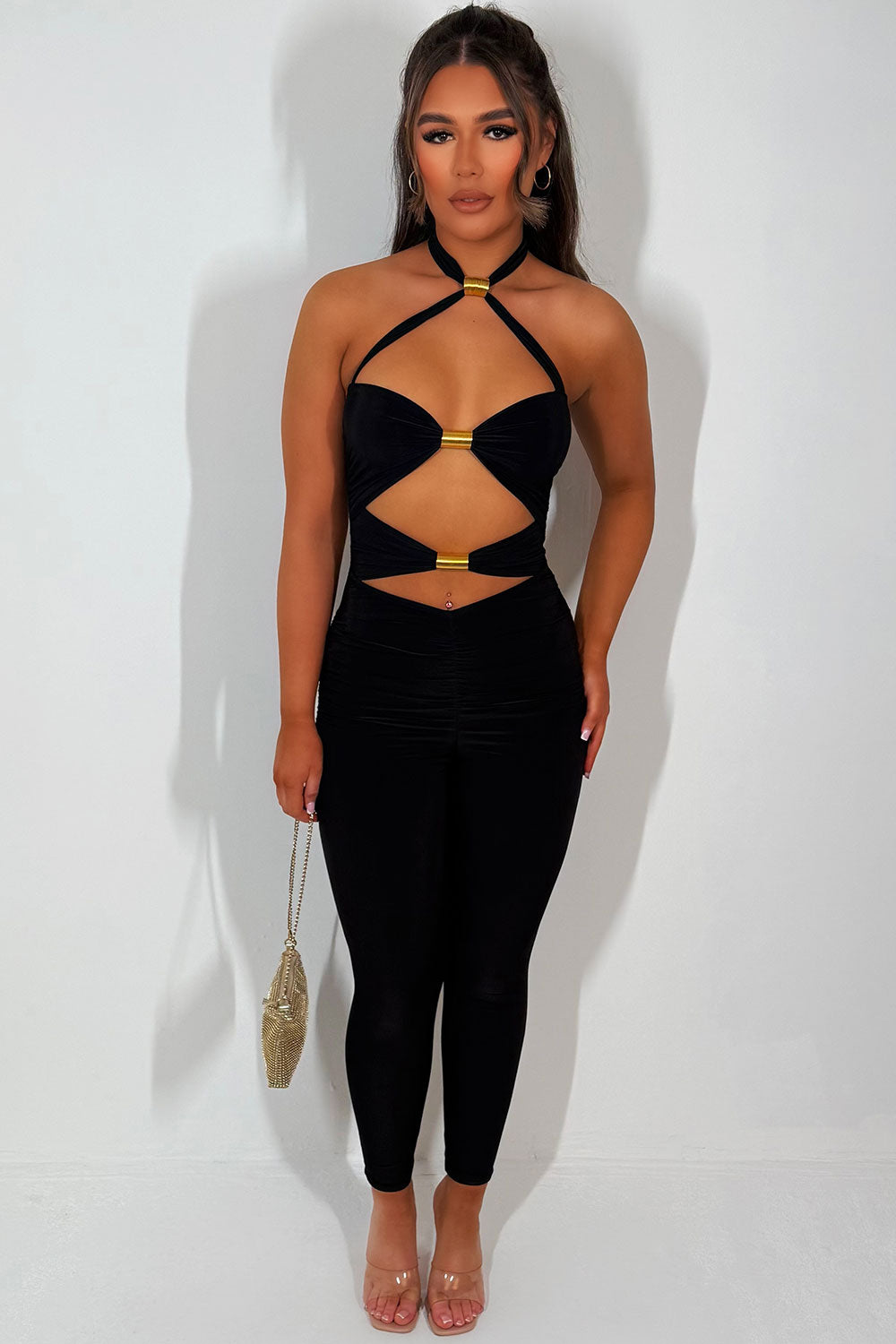 cut out jumpsuit with gold spring detail festival outfit