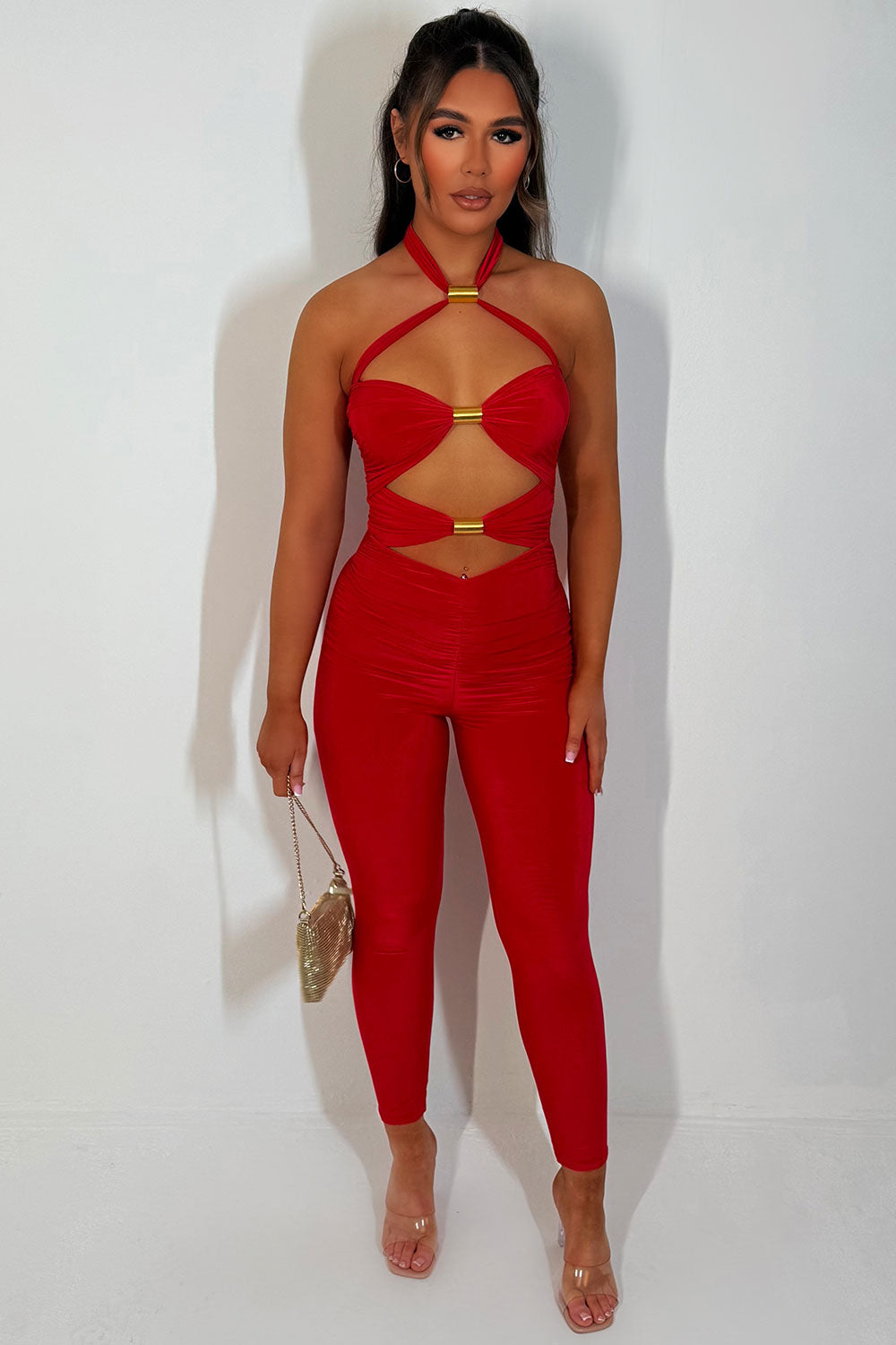 gold spring cut out detail jumpsuit going out summer occasion outfit